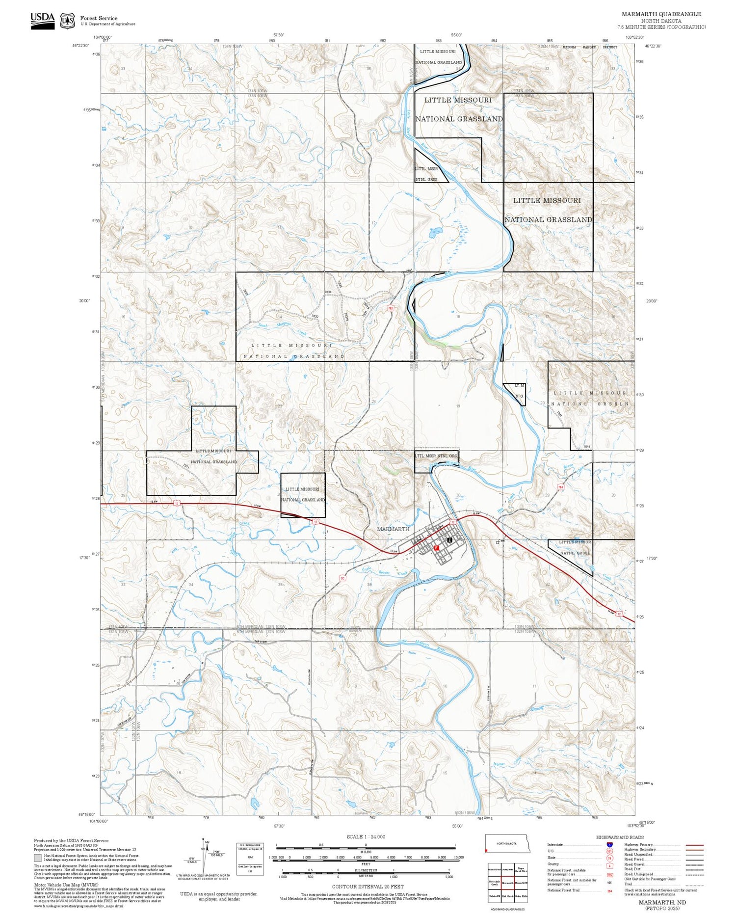 2025 Forest Service Topo Map of Marmarth North Dakota