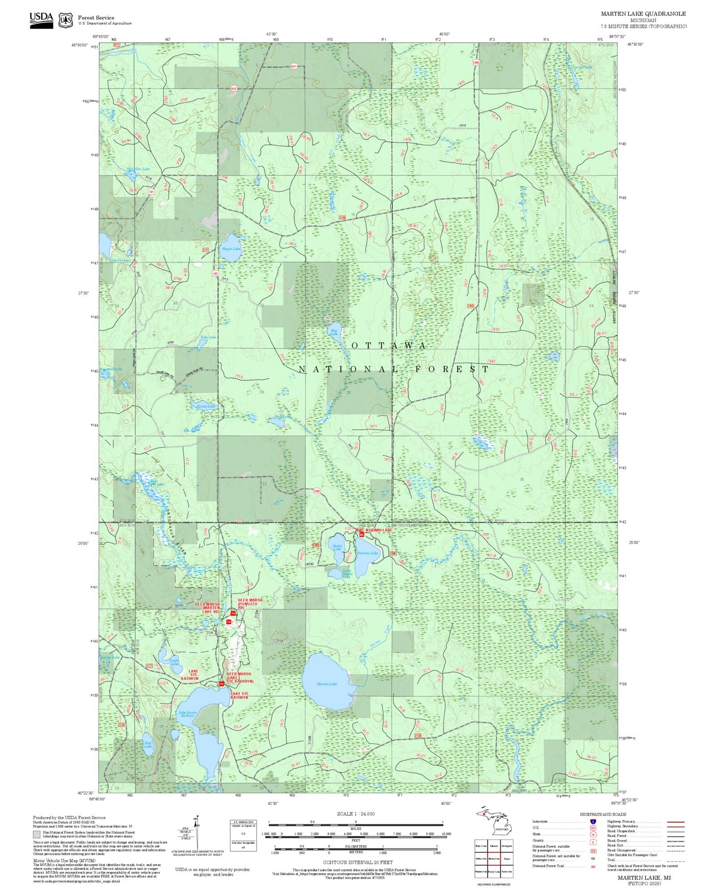 2025 Forest Service Topo Map of Marten Lake Michigan