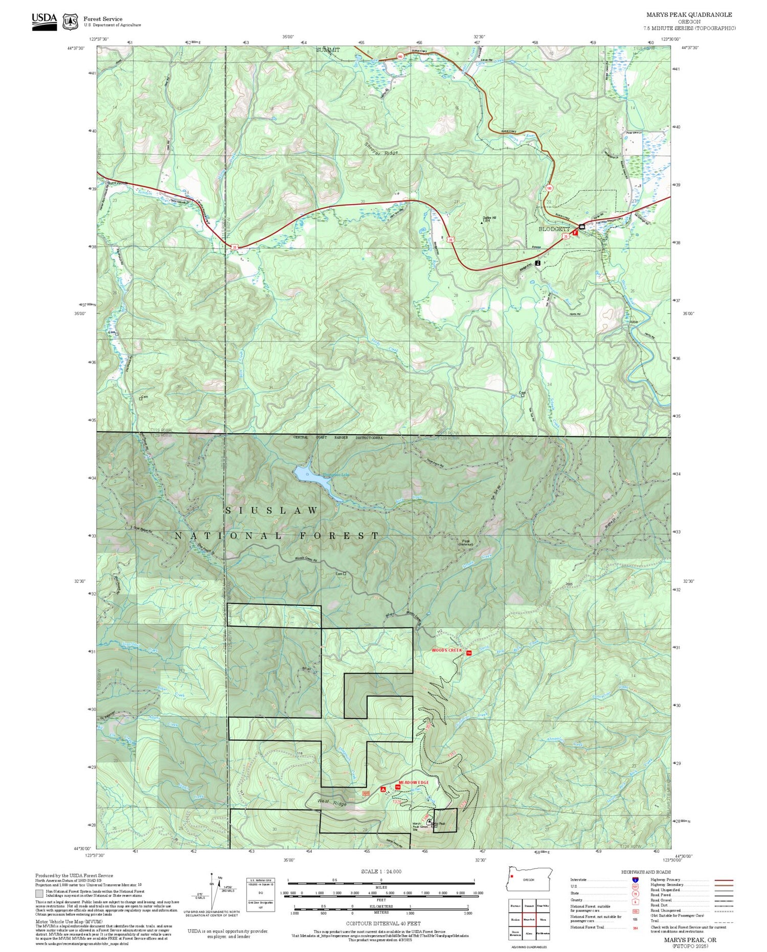 2025 Forest Service Topo Map of Marys Peak Oregon