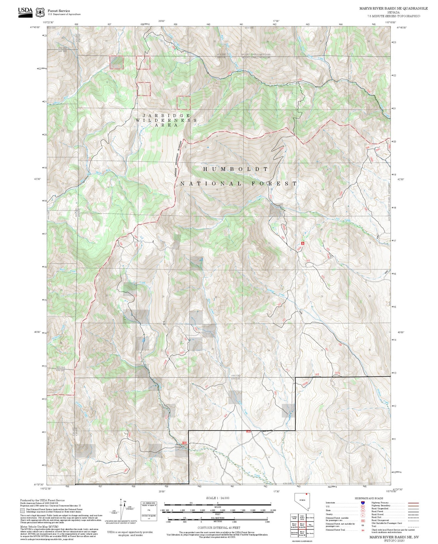 2025 Forest Service Topo Map of Marys River Basin NE Nevada