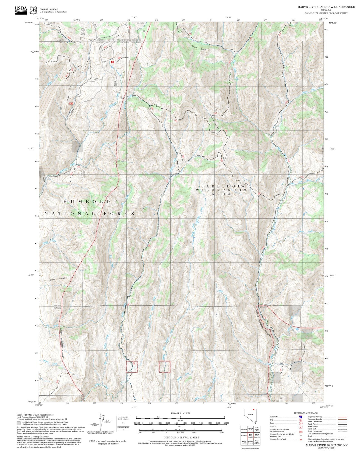 2025 Forest Service Topo Map of Marys River Basin NW Nevada