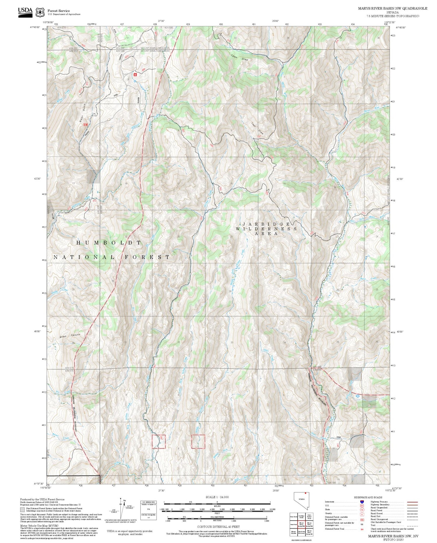 2025 Forest Service Topo Map of Marys River Basin NW Nevada