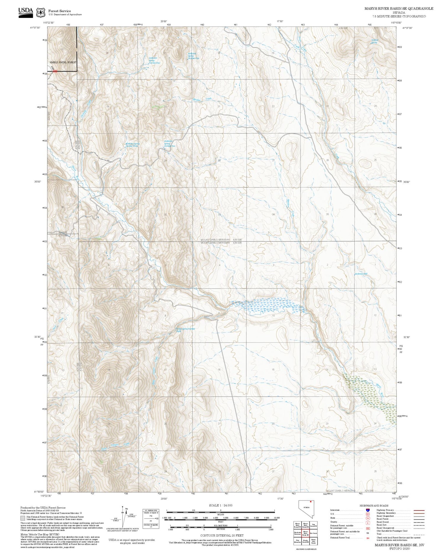 2025 Forest Service Topo Map of Marys River Basin SE Nevada