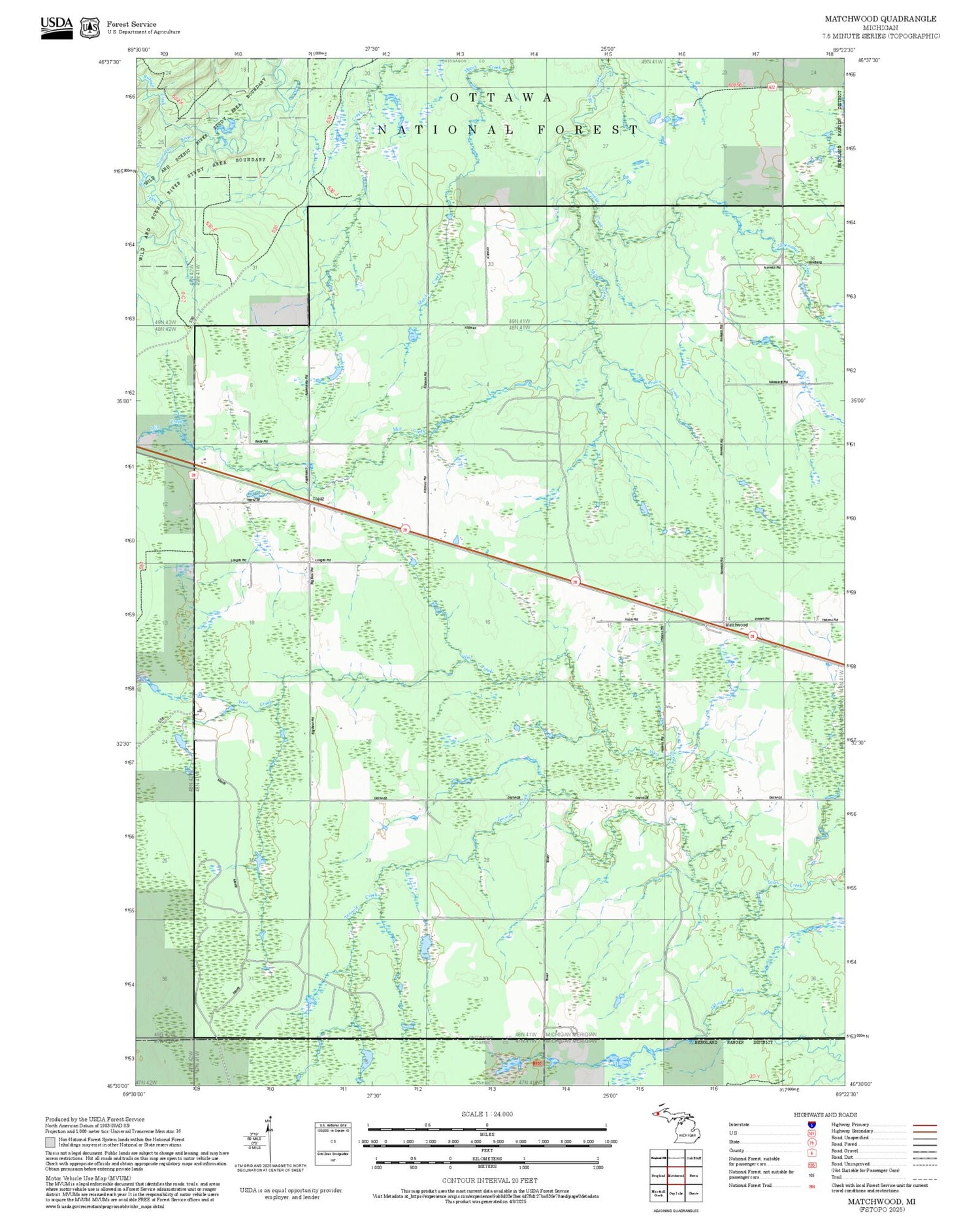 2025 Forest Service Topo Map of Matchwood Michigan
