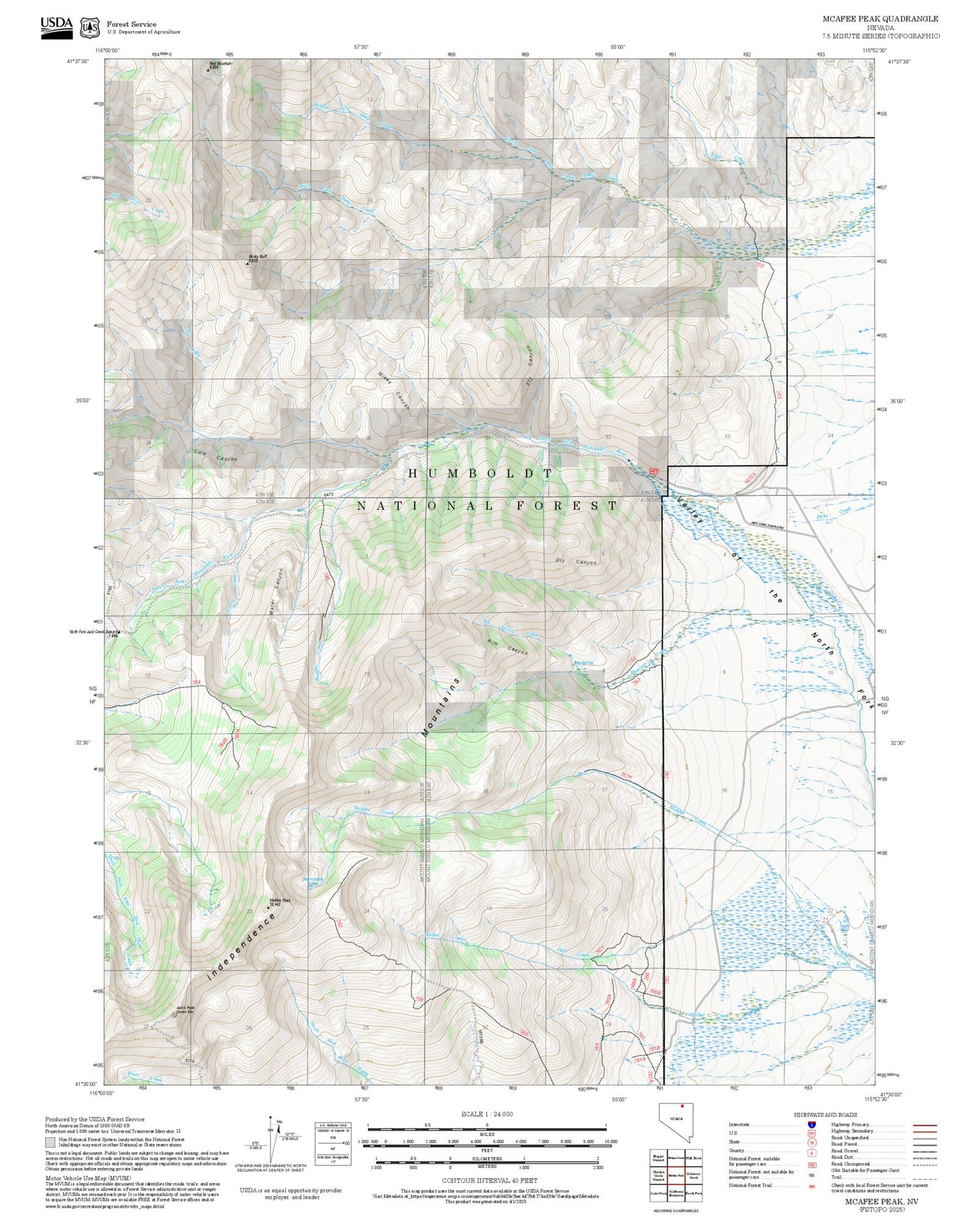 2025 Forest Service Topo Map of McAfee Peak Nevada