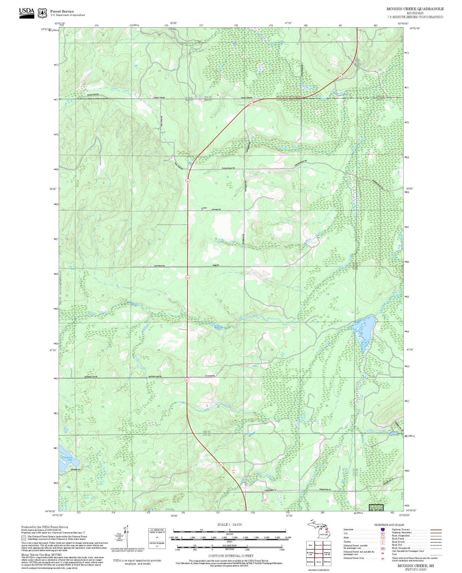 2025 Forest Service Topo Map of McGinn Creek Michigan