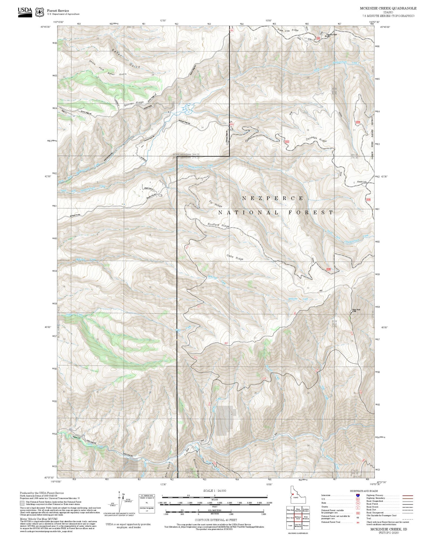2025 Forest Service Topo Map of McKinzie Creek Idaho