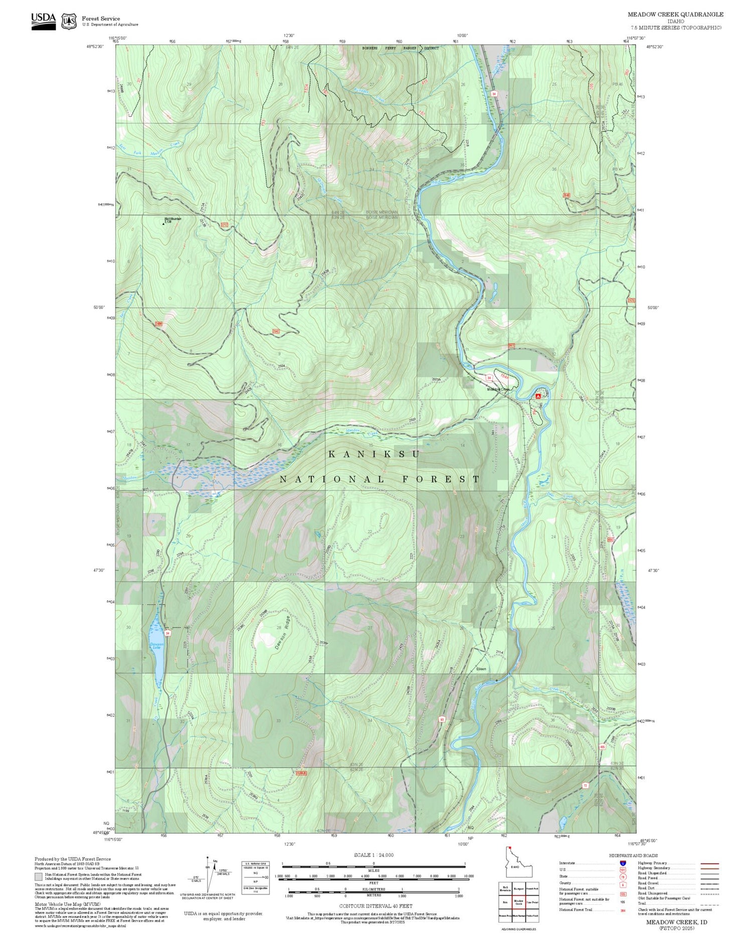 2025 Forest Service Topo Map of Meadow Creek Idaho