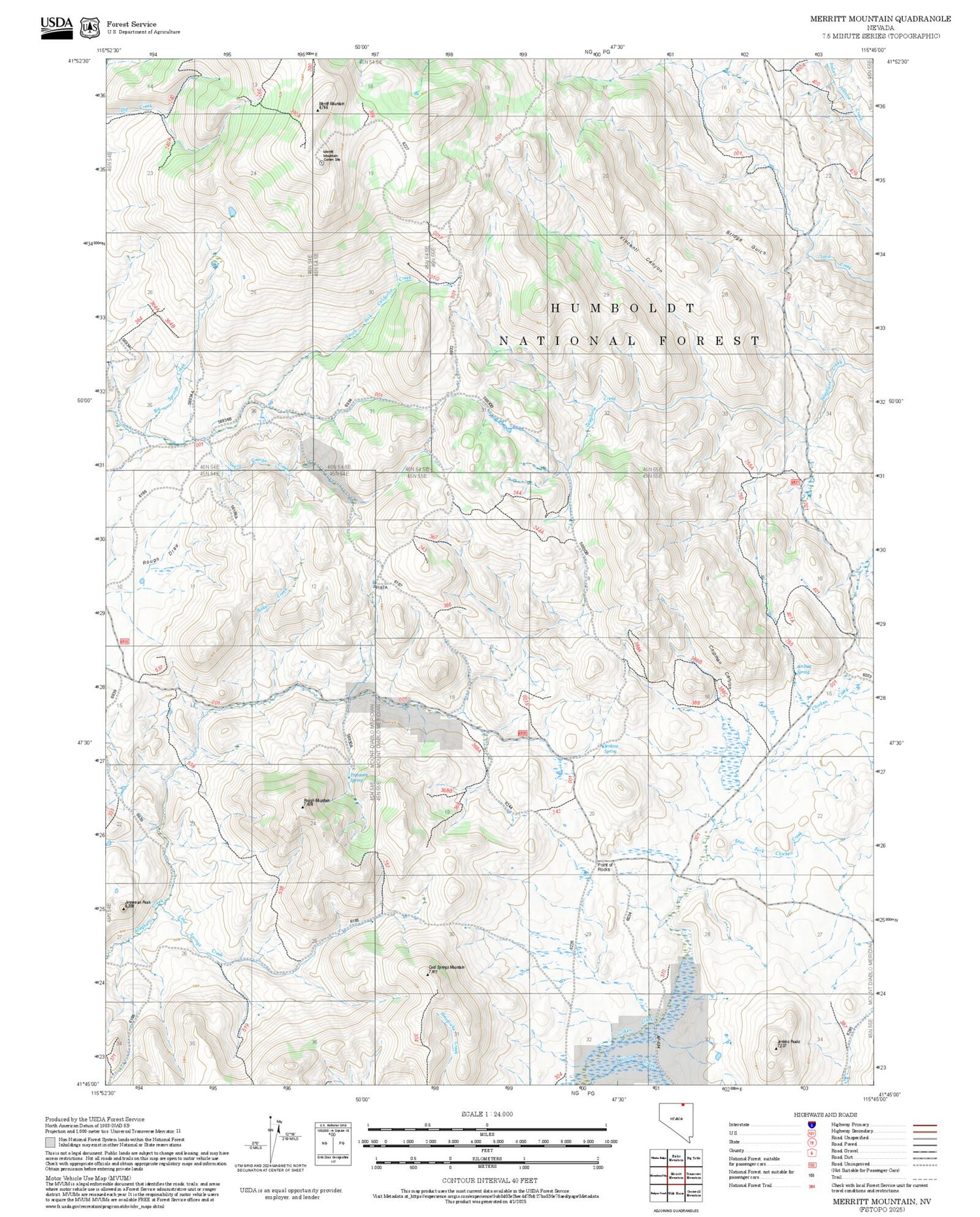 2025 Forest Service Topo Map of Merritt Mountain Nevada