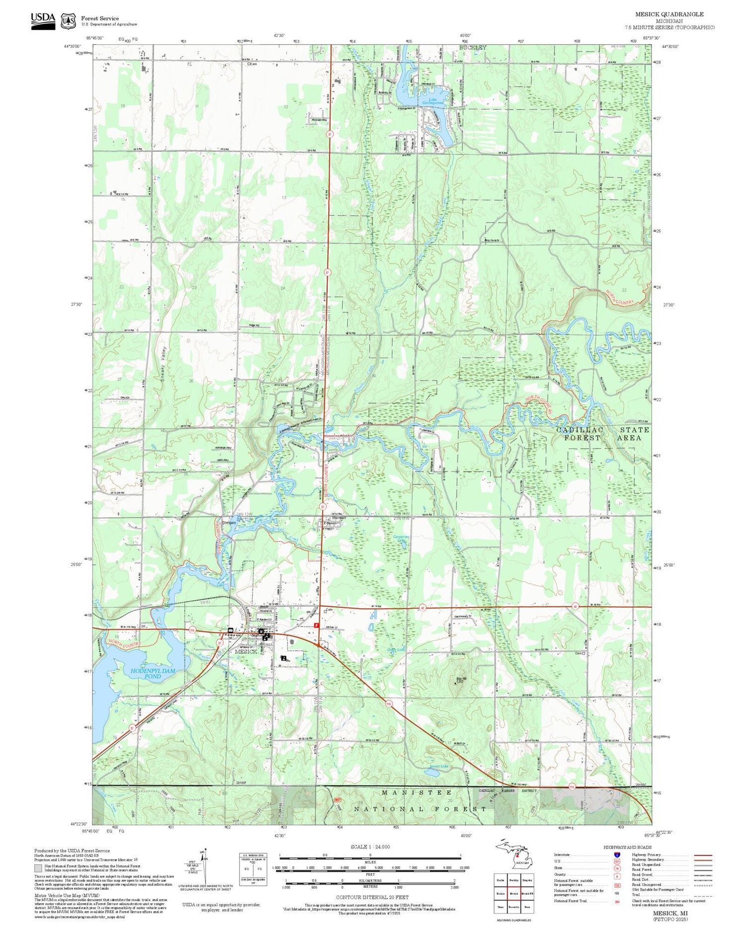 2025 Forest Service Topo Map of Mesick Michigan