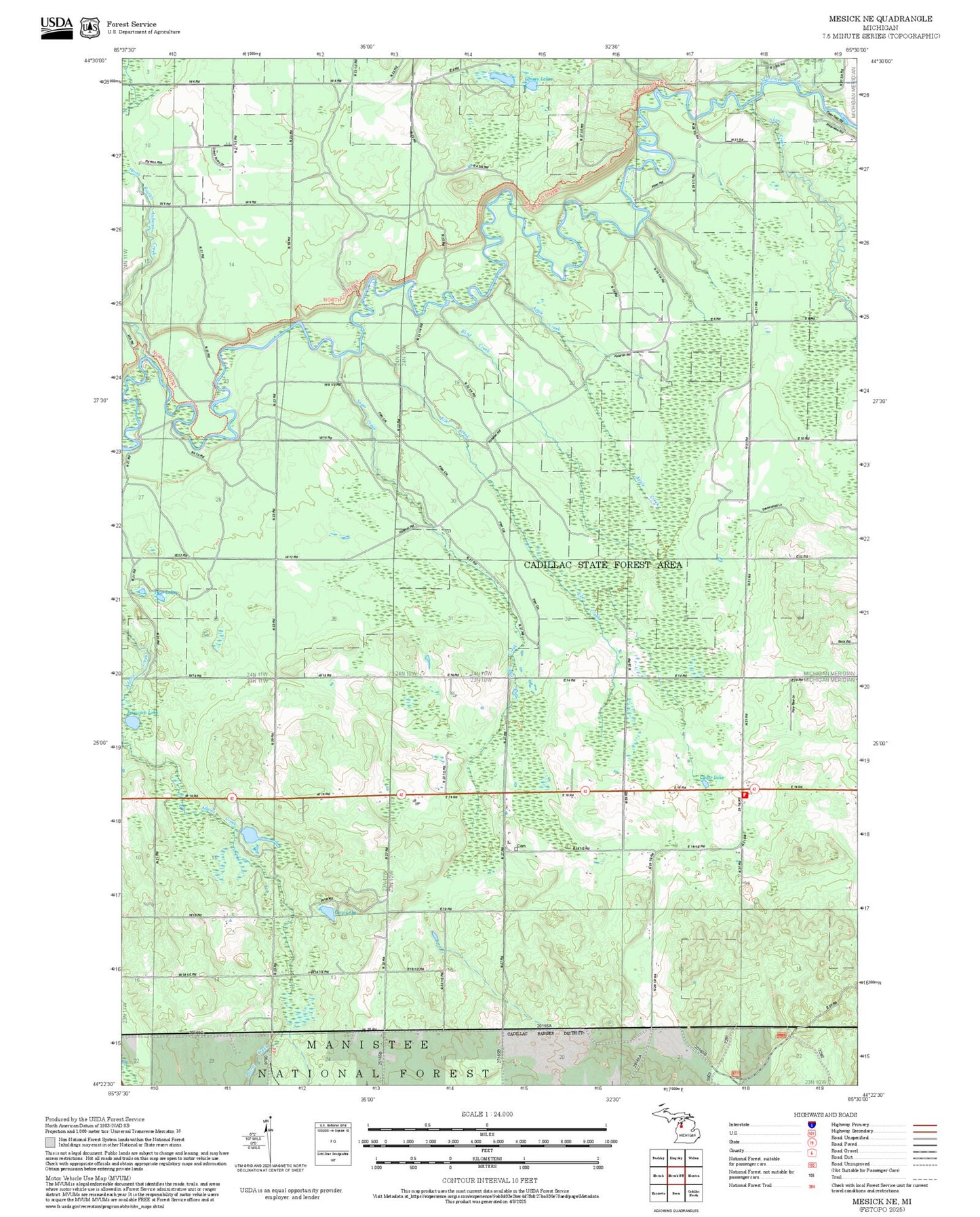 2025 Forest Service Topo Map of Mesick NE Michigan
