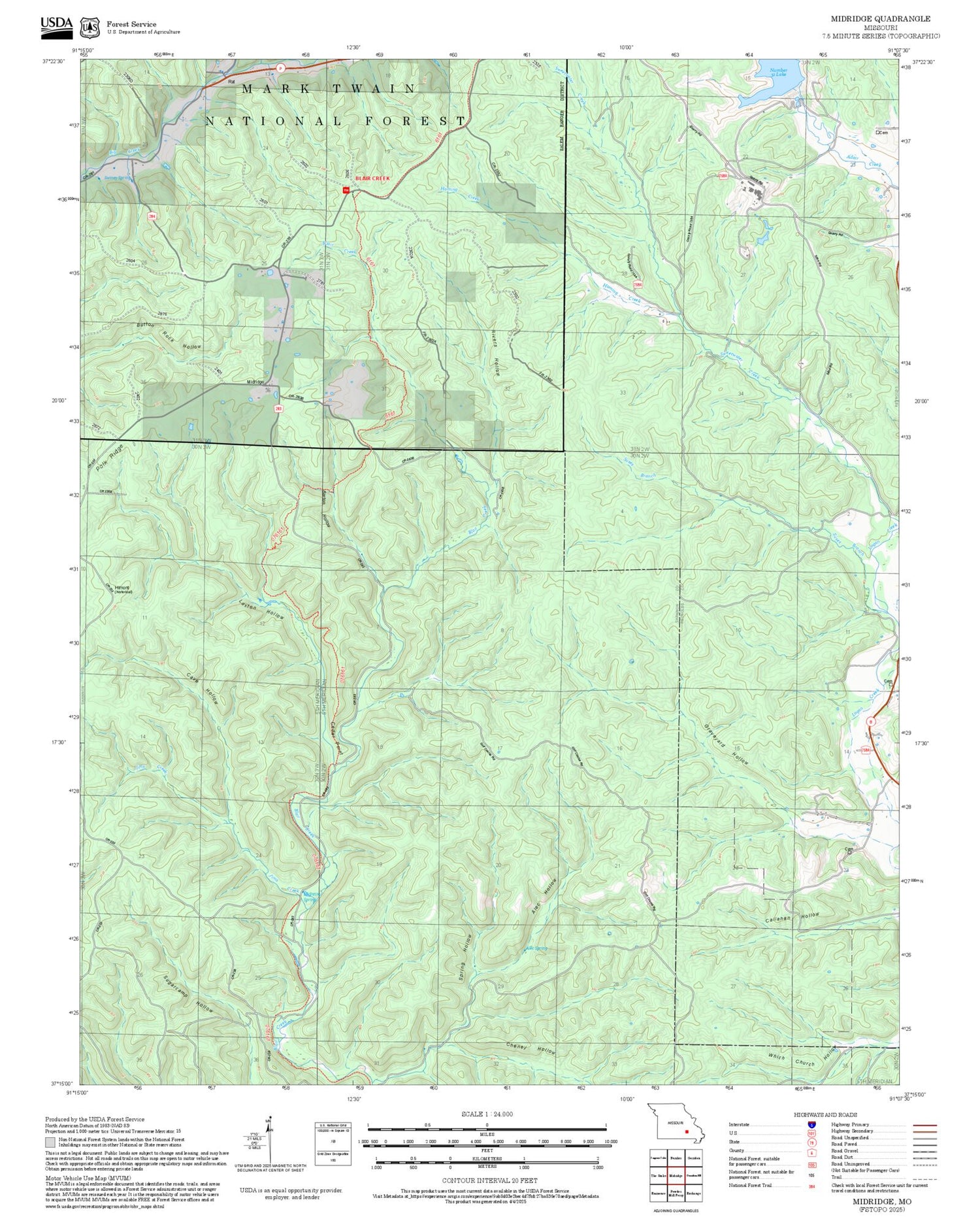 2025 Forest Service Topo Map of Midridge Missouri