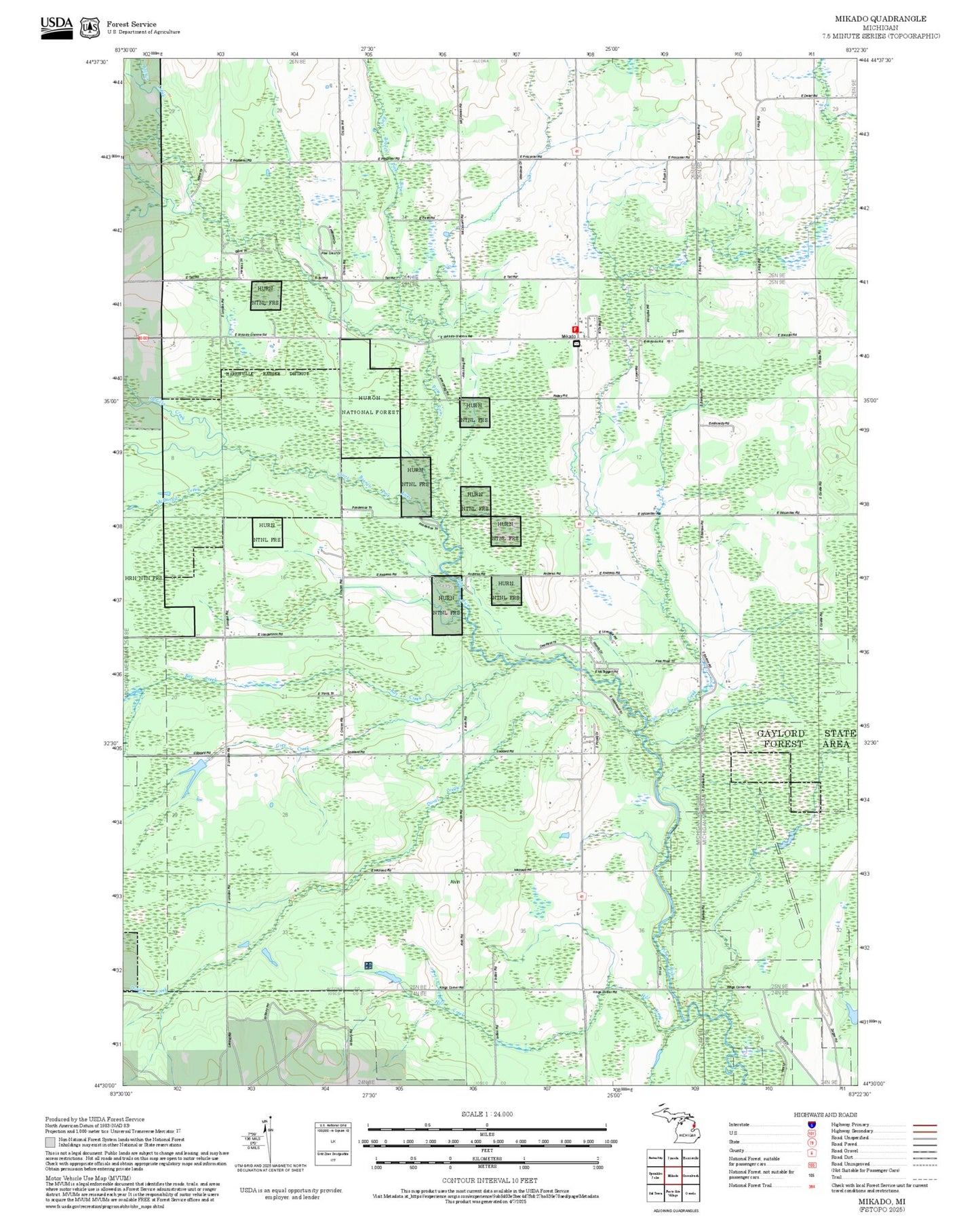 2025 Forest Service Topo Map of Mikado Michigan
