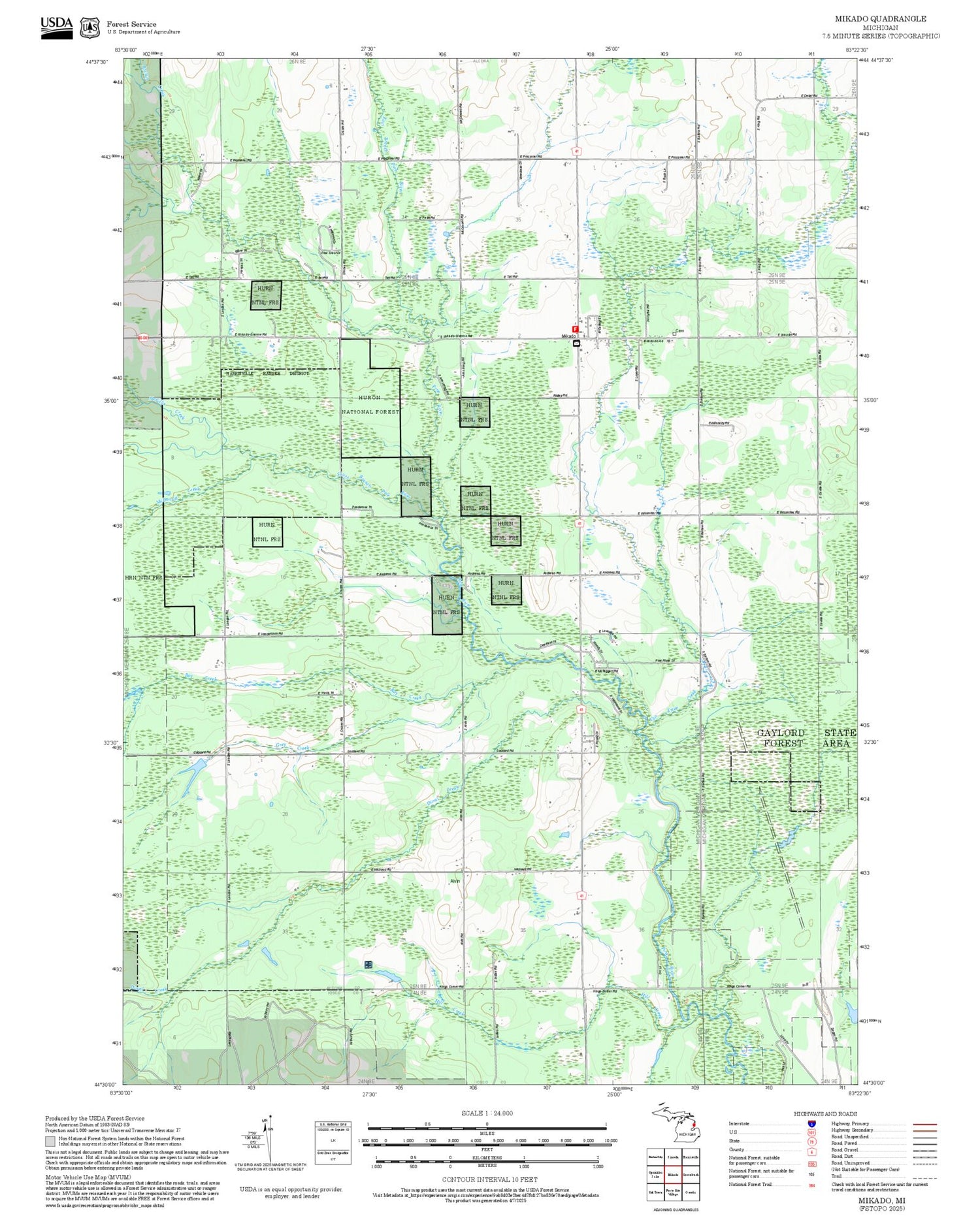 2025 Forest Service Topo Map of Mikado Michigan