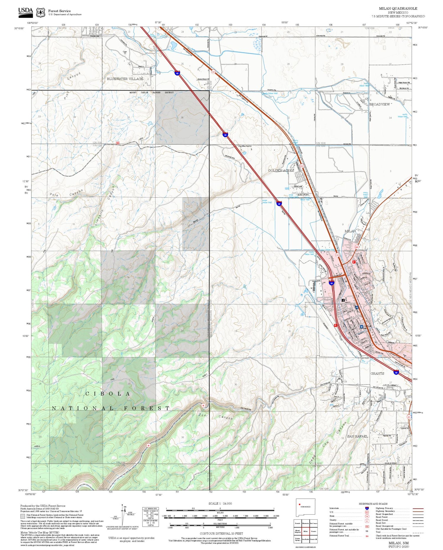 2025 Forest Service Topo Map of Milan New Mexico