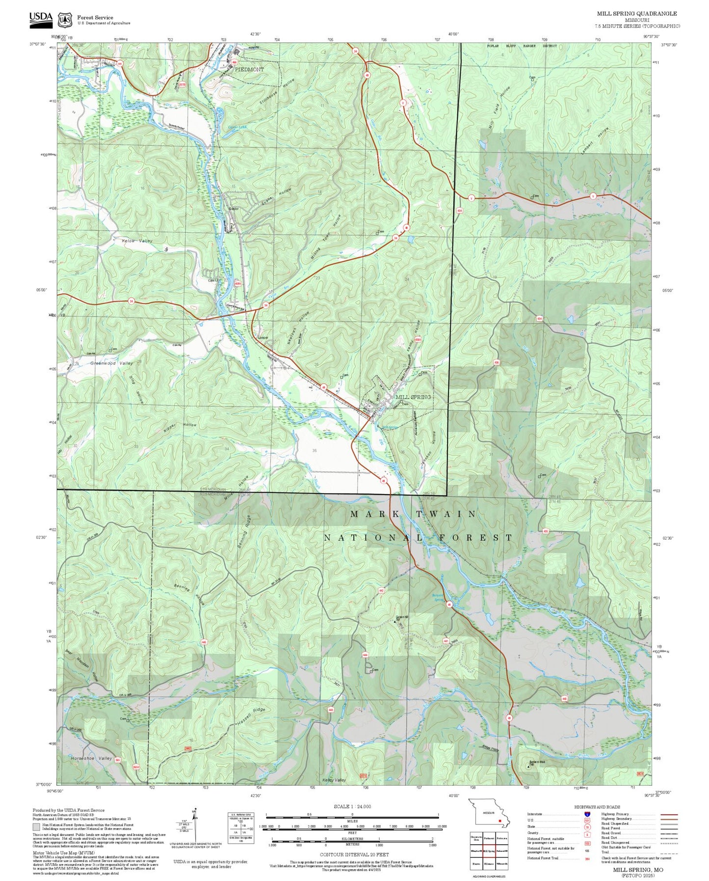 2025 Forest Service Topo Map of Mill Spring Missouri