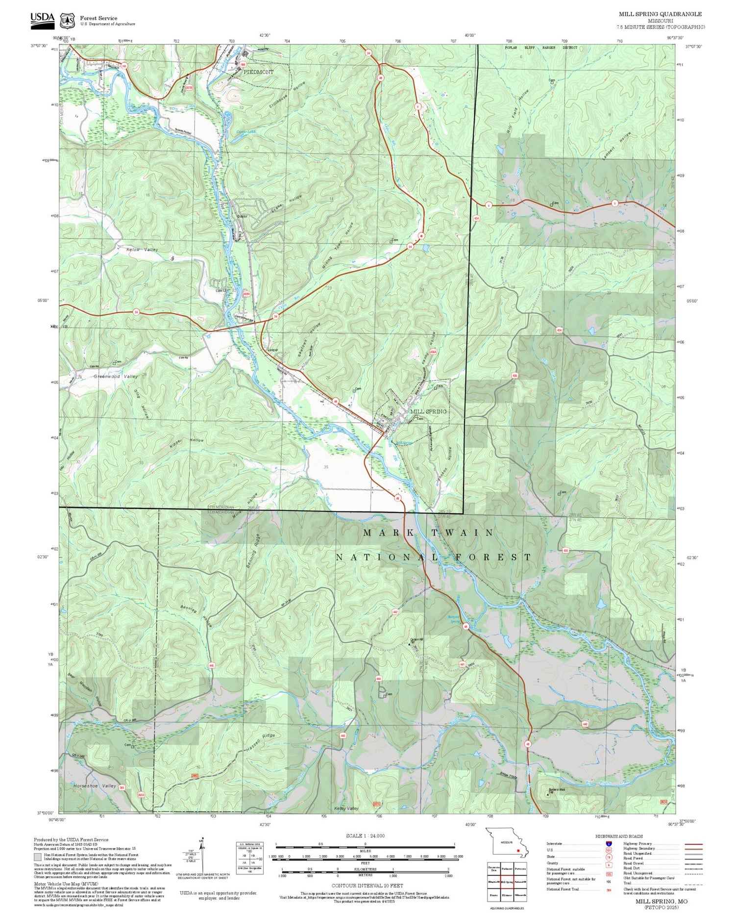 2025 Forest Service Topo Map of Mill Spring Missouri