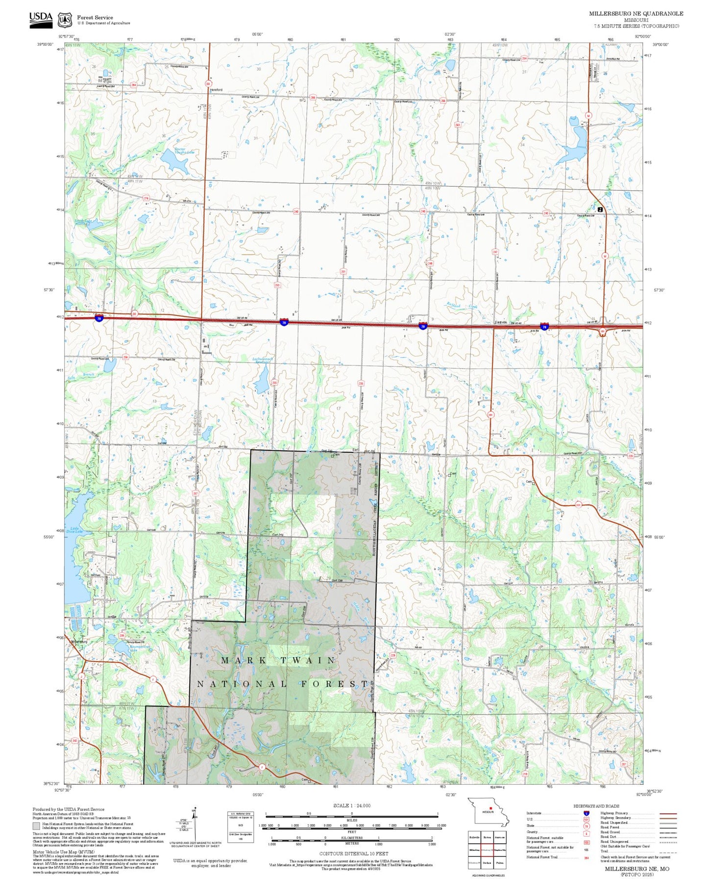 2025 Forest Service Topo Map of Millersburg NE Missouri