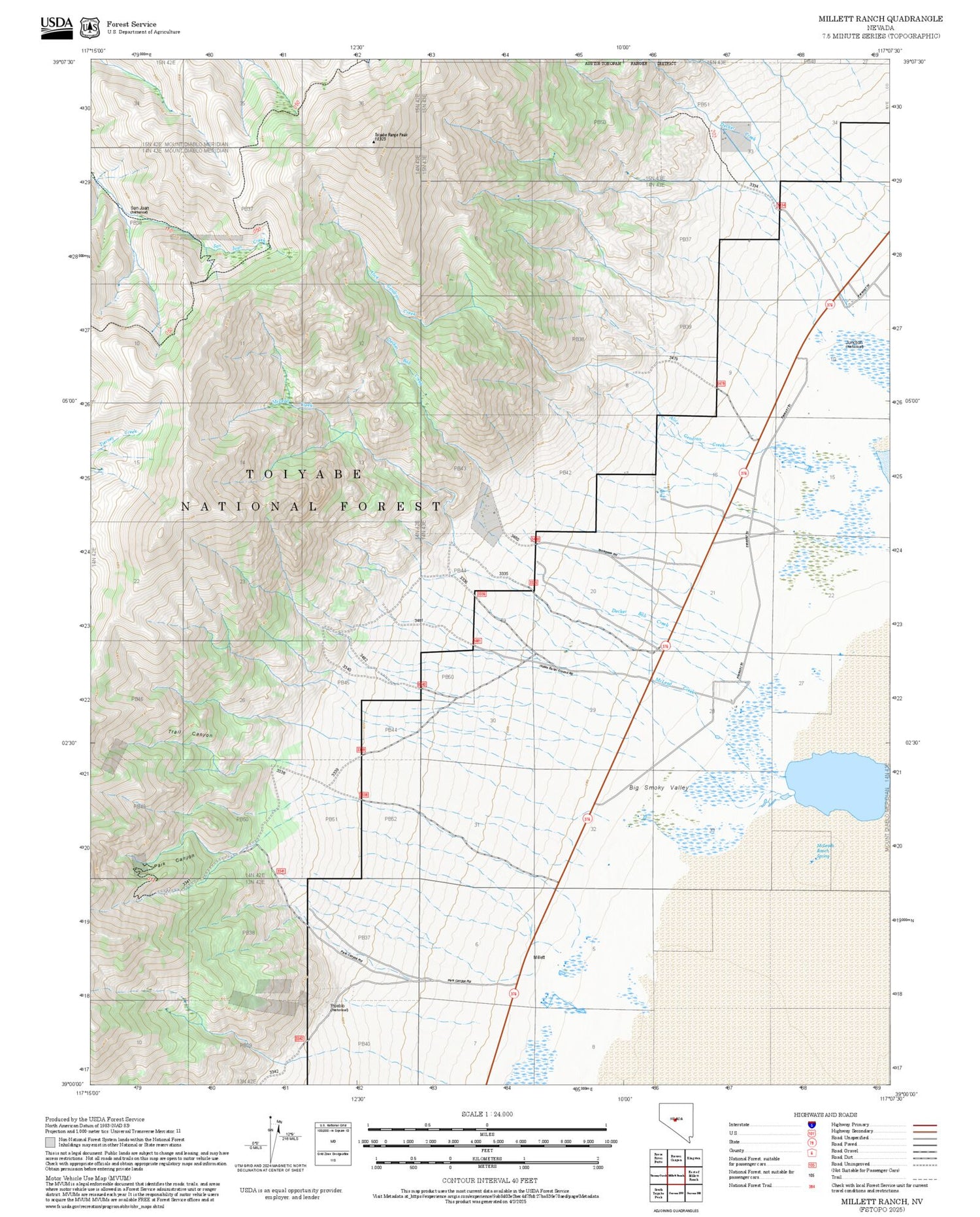 2025 Forest Service Topo Map of Millett Ranch Nevada