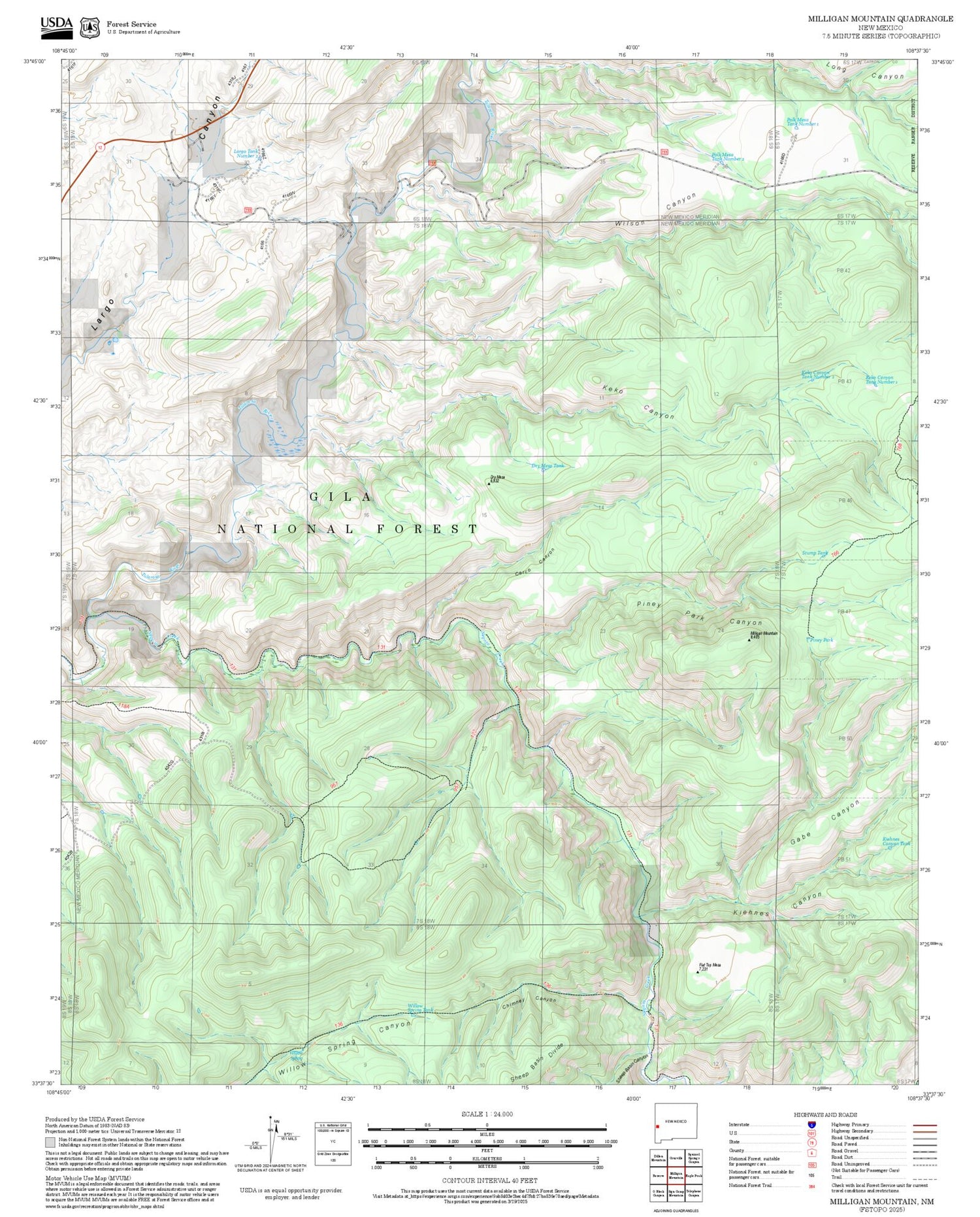 2025 Forest Service Topo Map of Milligan Mountain New Mexico