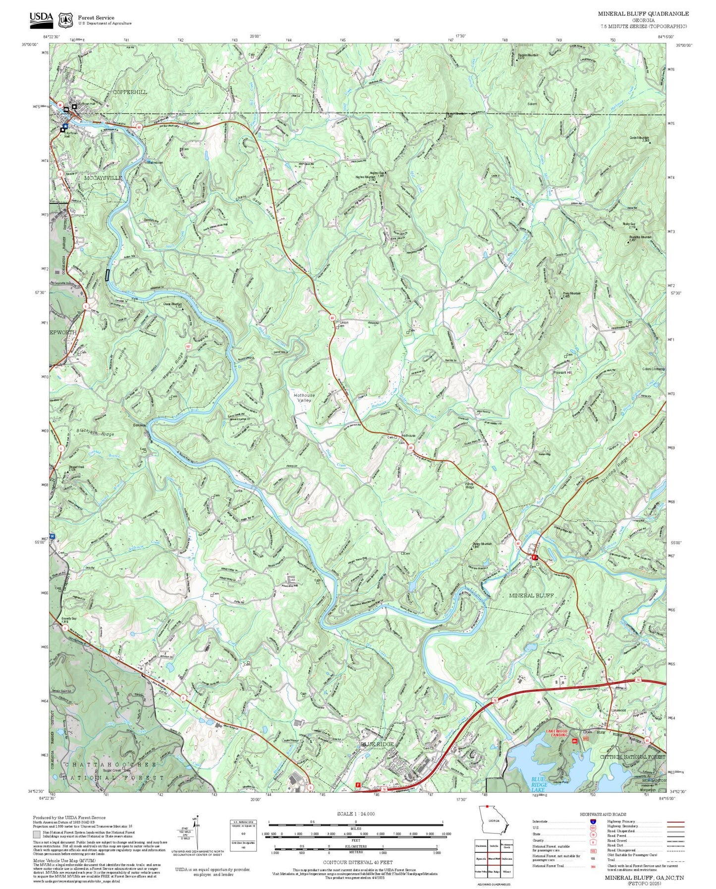 2025 Forest Service Topo Map of Mineral Bluff Georgia