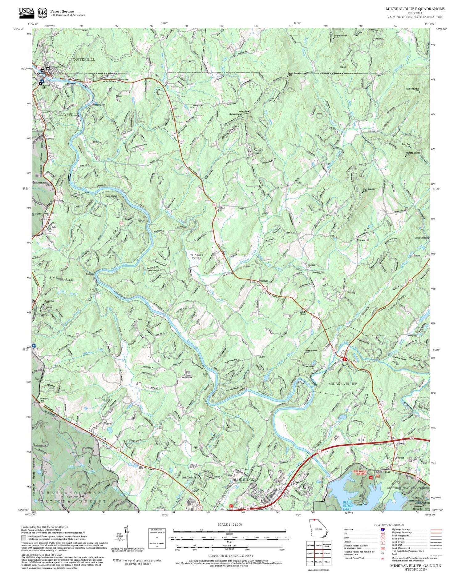 2025 Forest Service Topo Map of Mineral Bluff Georgia
