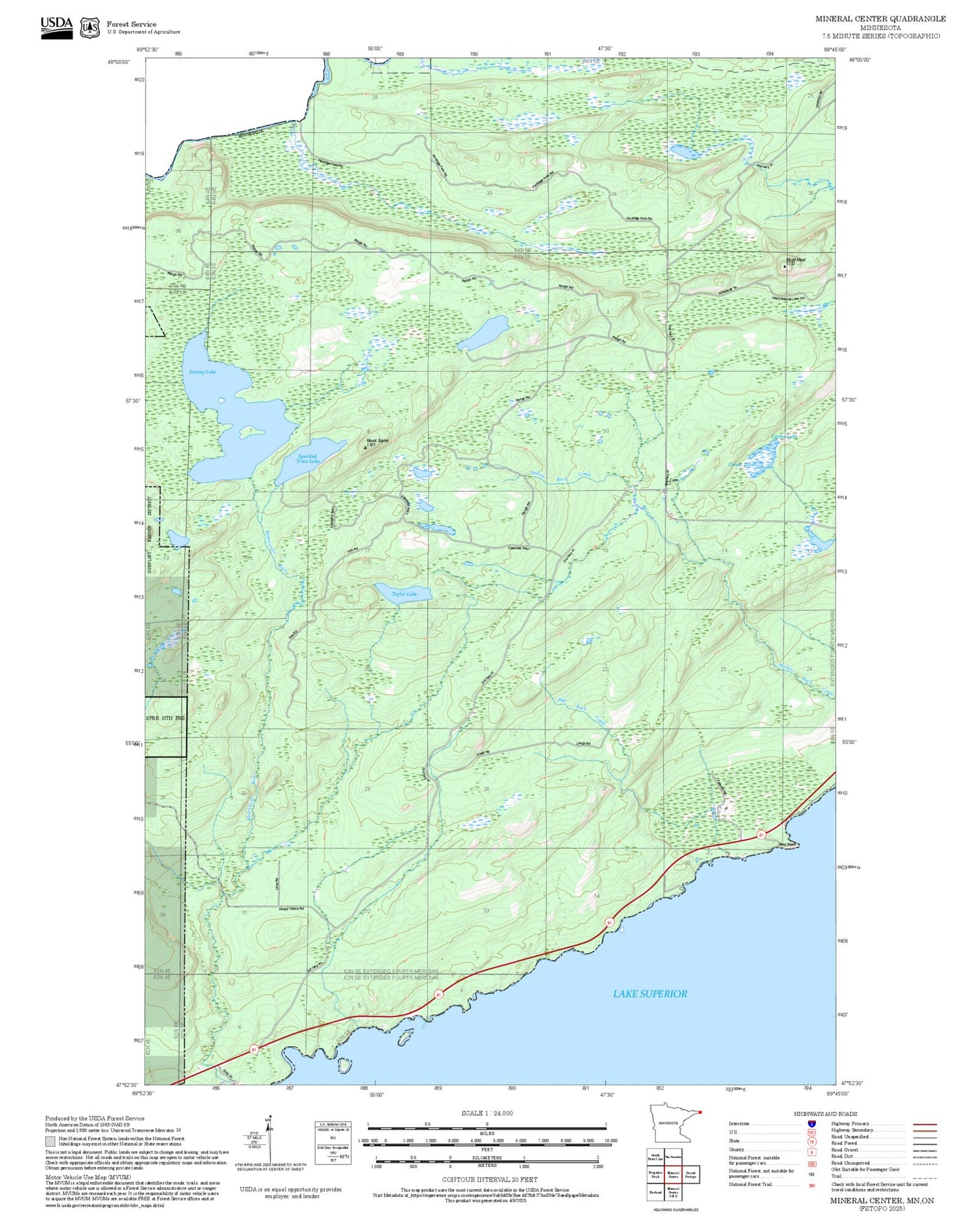 2025 Forest Service Topo Map of Mineral Center Minnesota