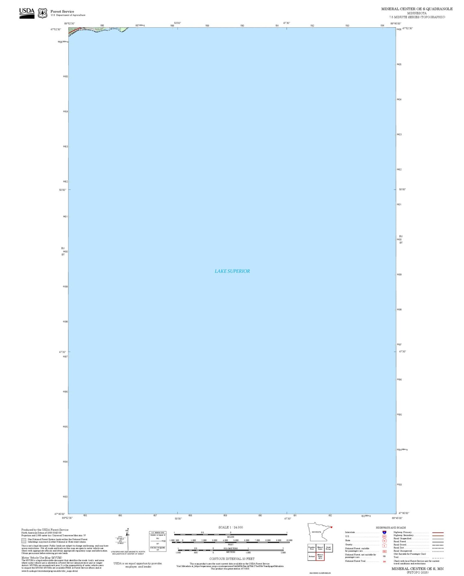2025 Forest Service Topo Map of Mineral Center OE S Minnesota