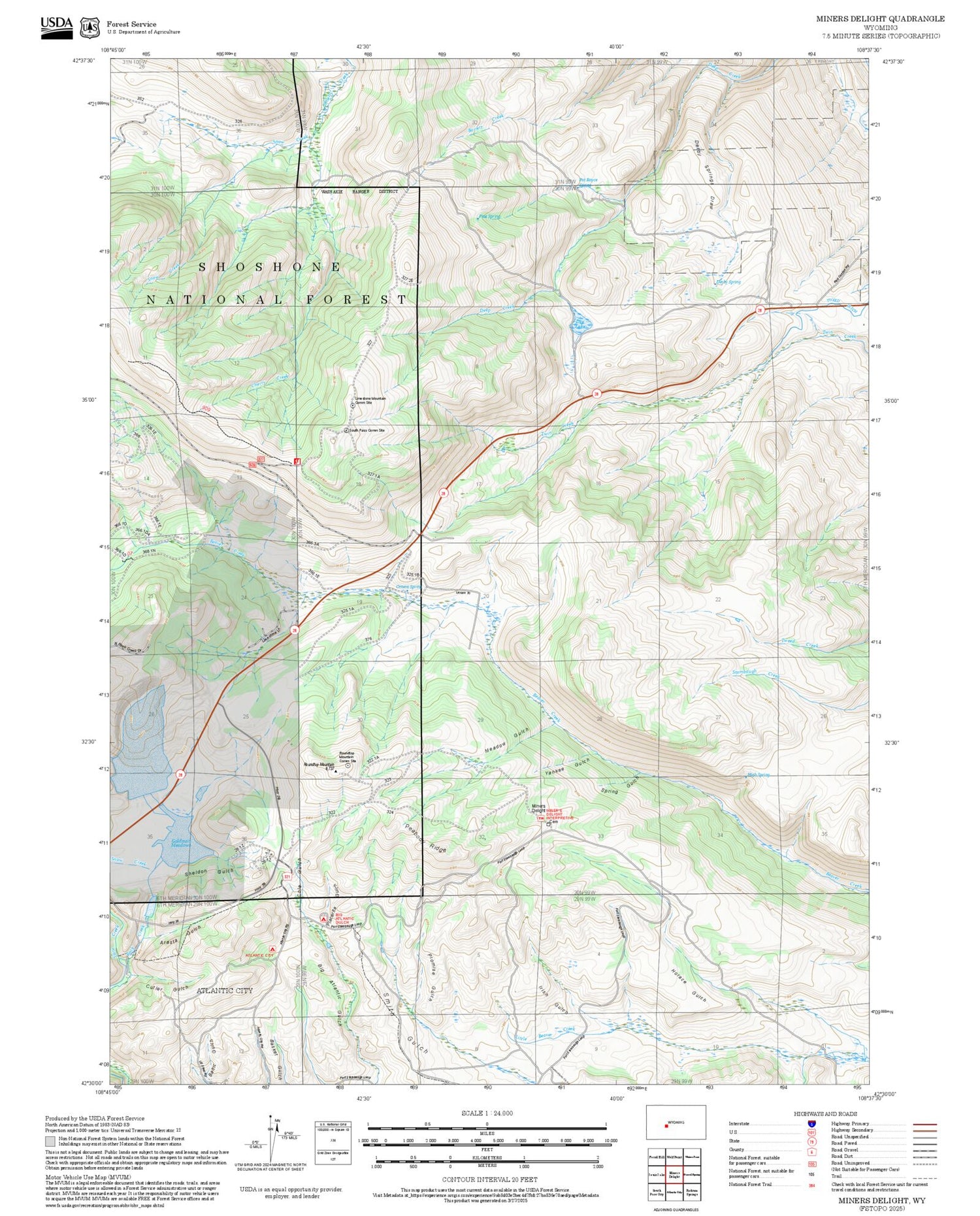 2025 Forest Service Topo Map of Miners Delight Wyoming