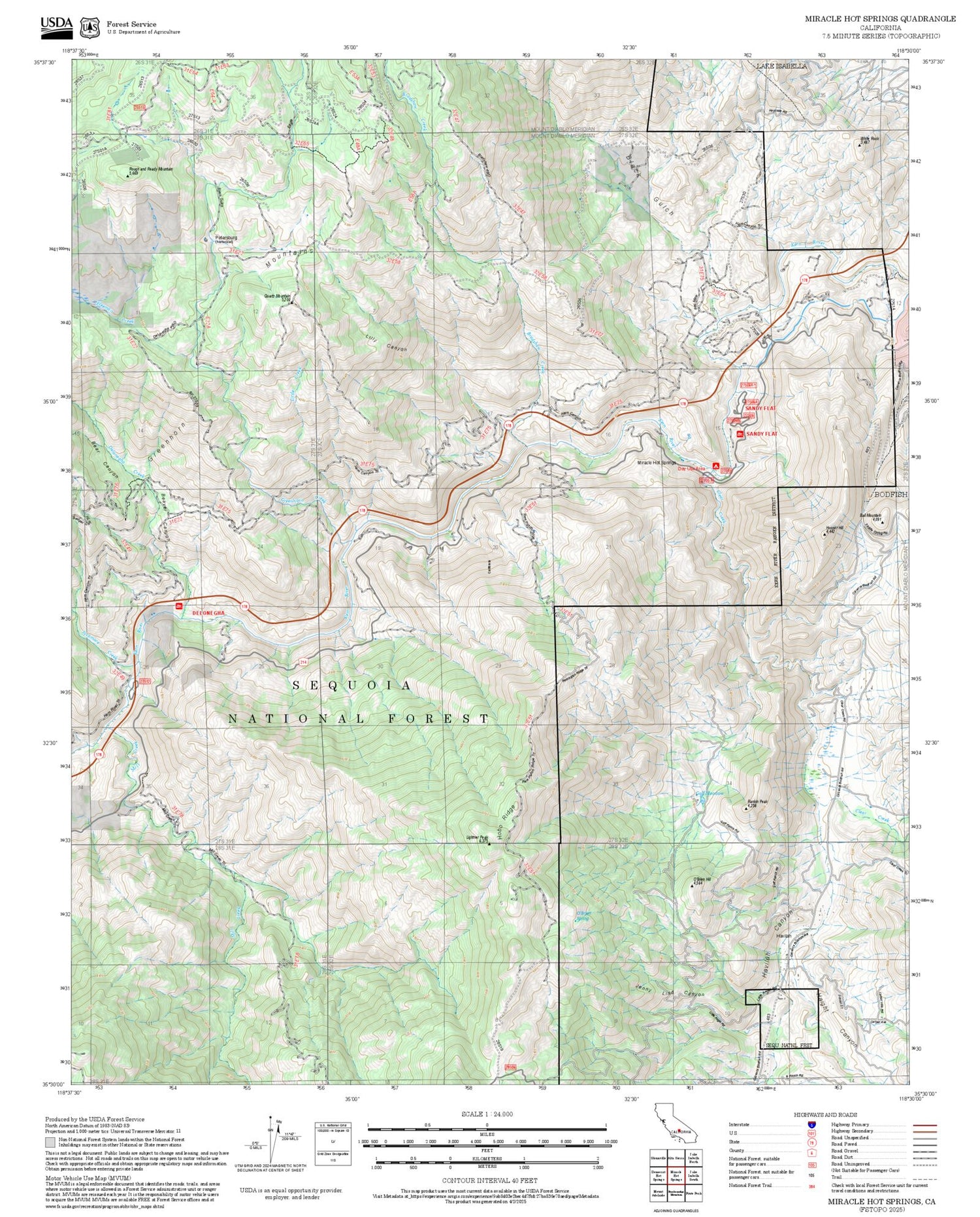 2025 Forest Service Topo Map of Miracle Hot Springs California
