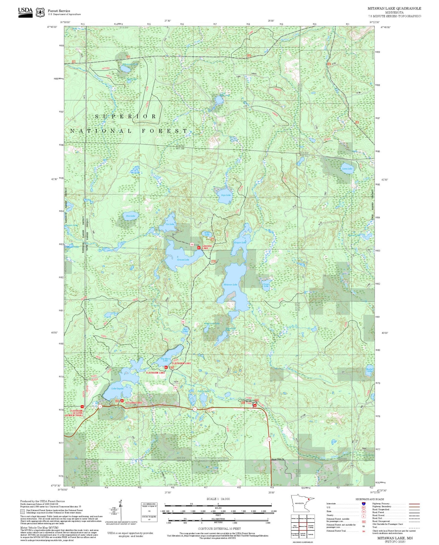 2025 Forest Service Topo Map of Mitawan Lake Minnesota