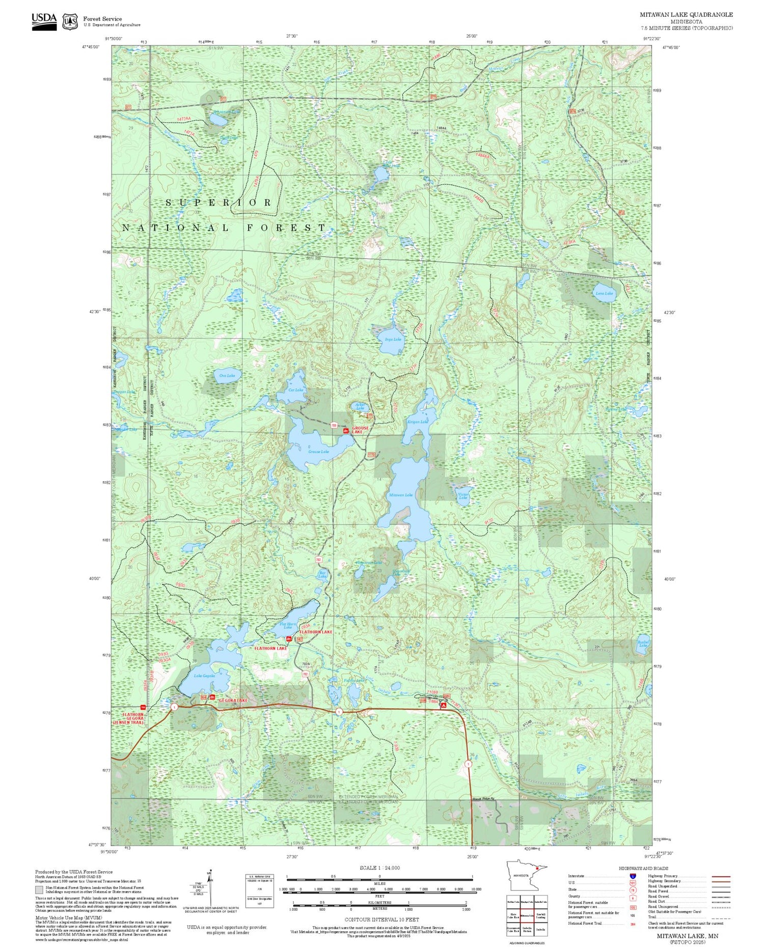 2025 Forest Service Topo Map of Mitawan Lake Minnesota