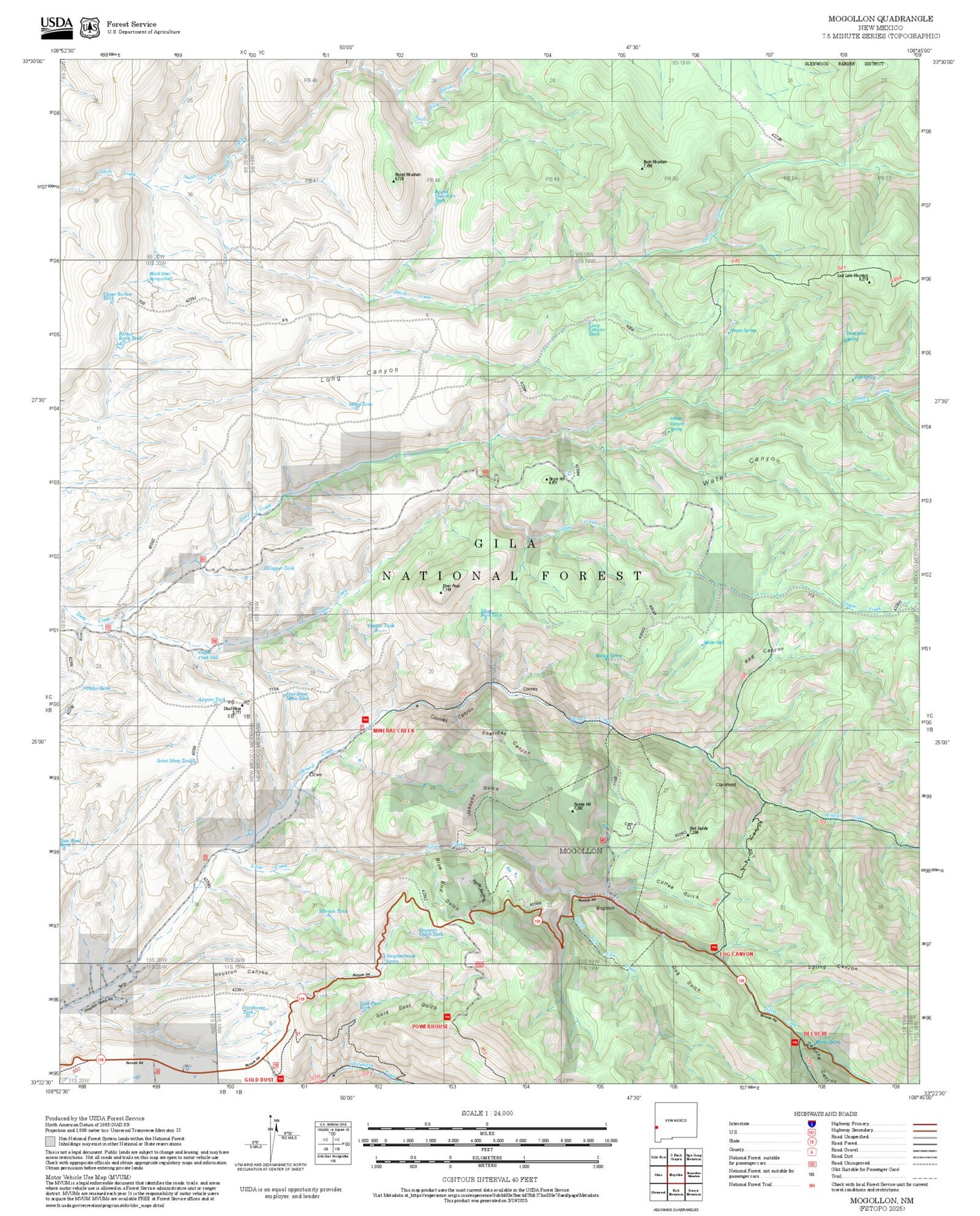2025 Forest Service Topo Map of Mogollon New Mexico