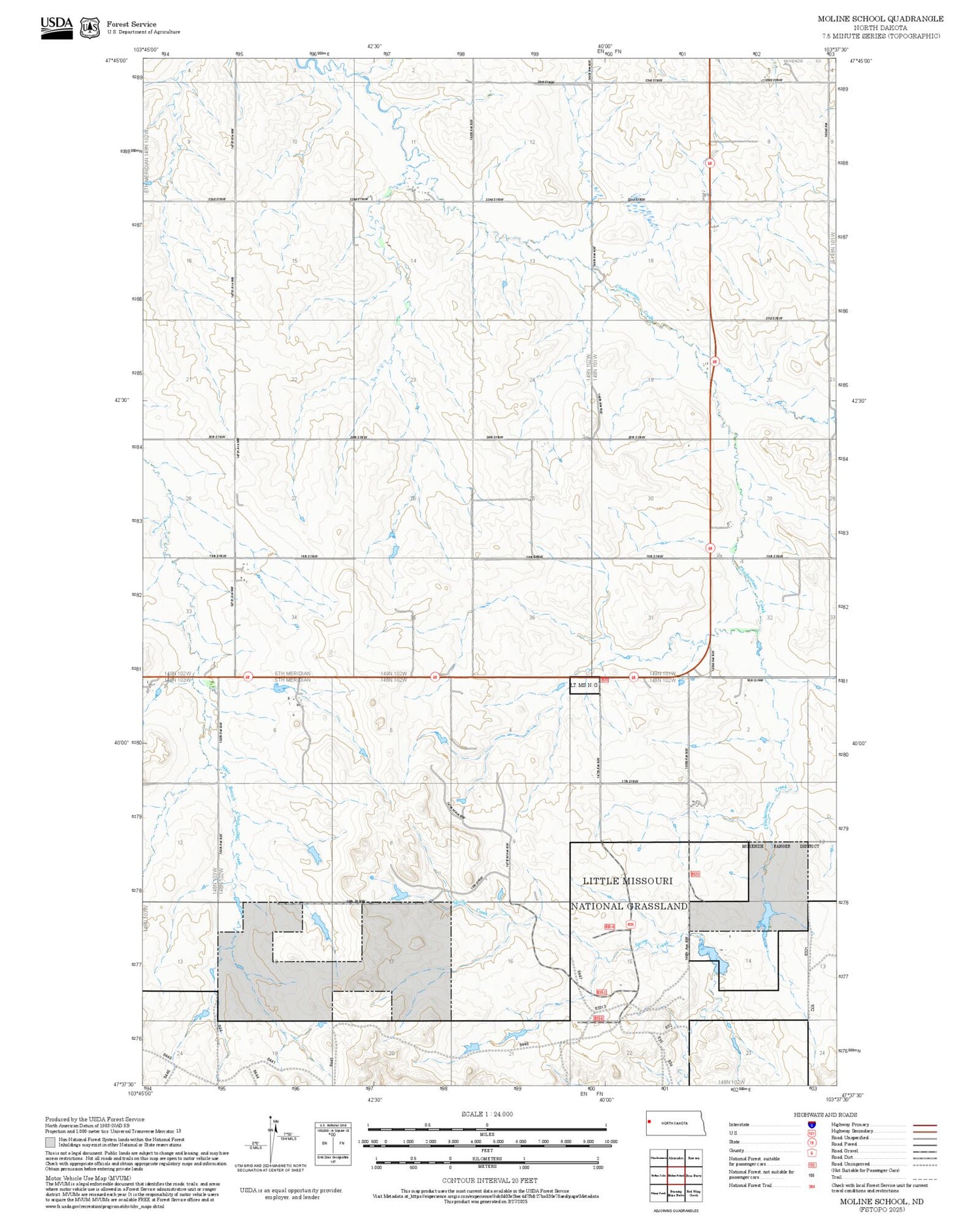 2025 Forest Service Topo Map of Moline School North Dakota