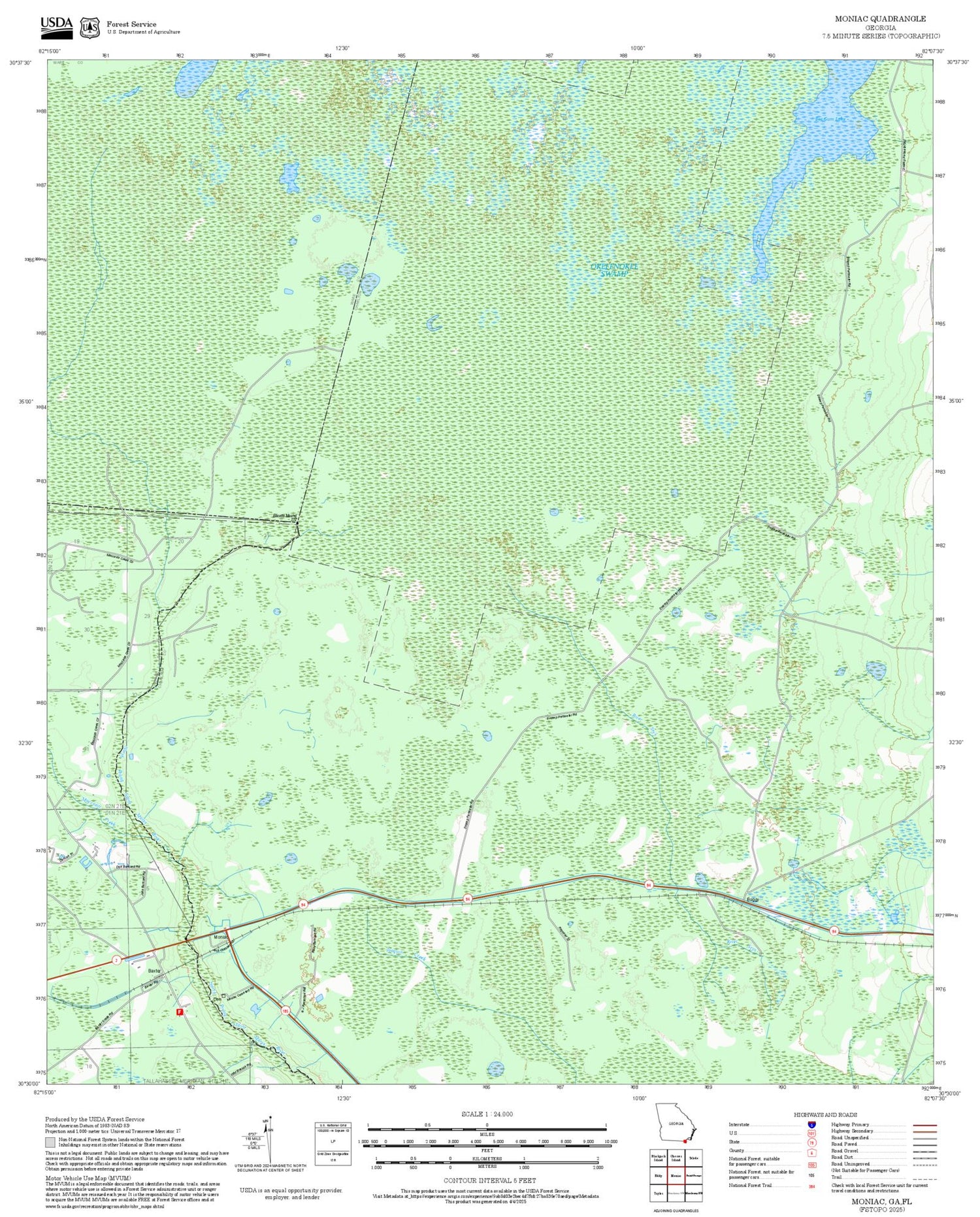 2025 Forest Service Topo Map of Moniac Georgia