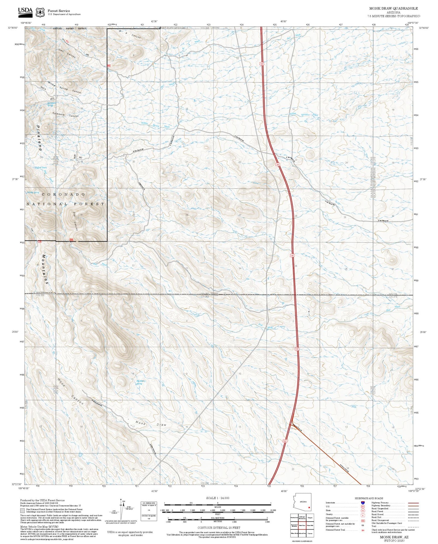 2025 Forest Service Topo Map of Monk Draw Arizona