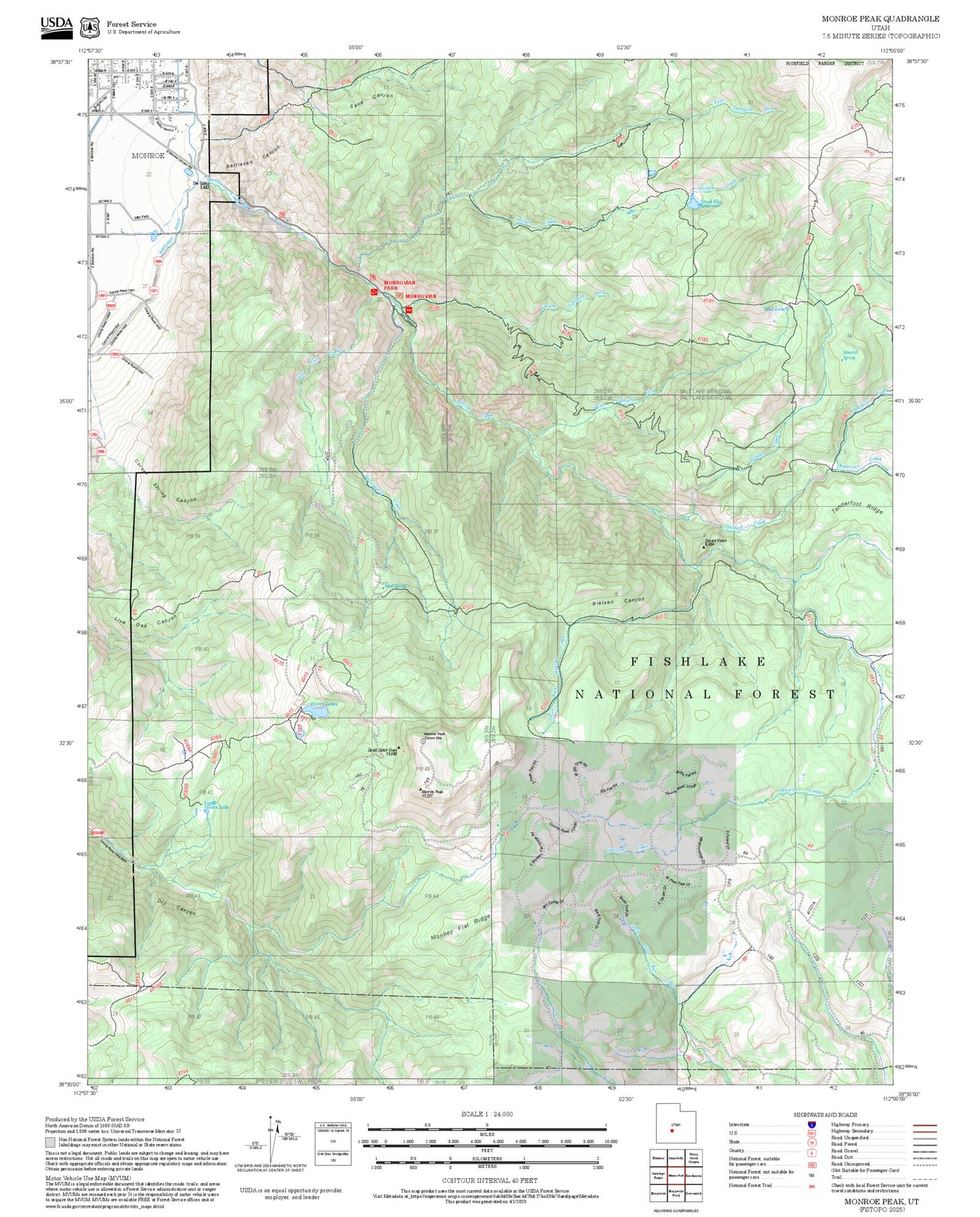 2025 Forest Service Topo Map of Monroe Peak Utah