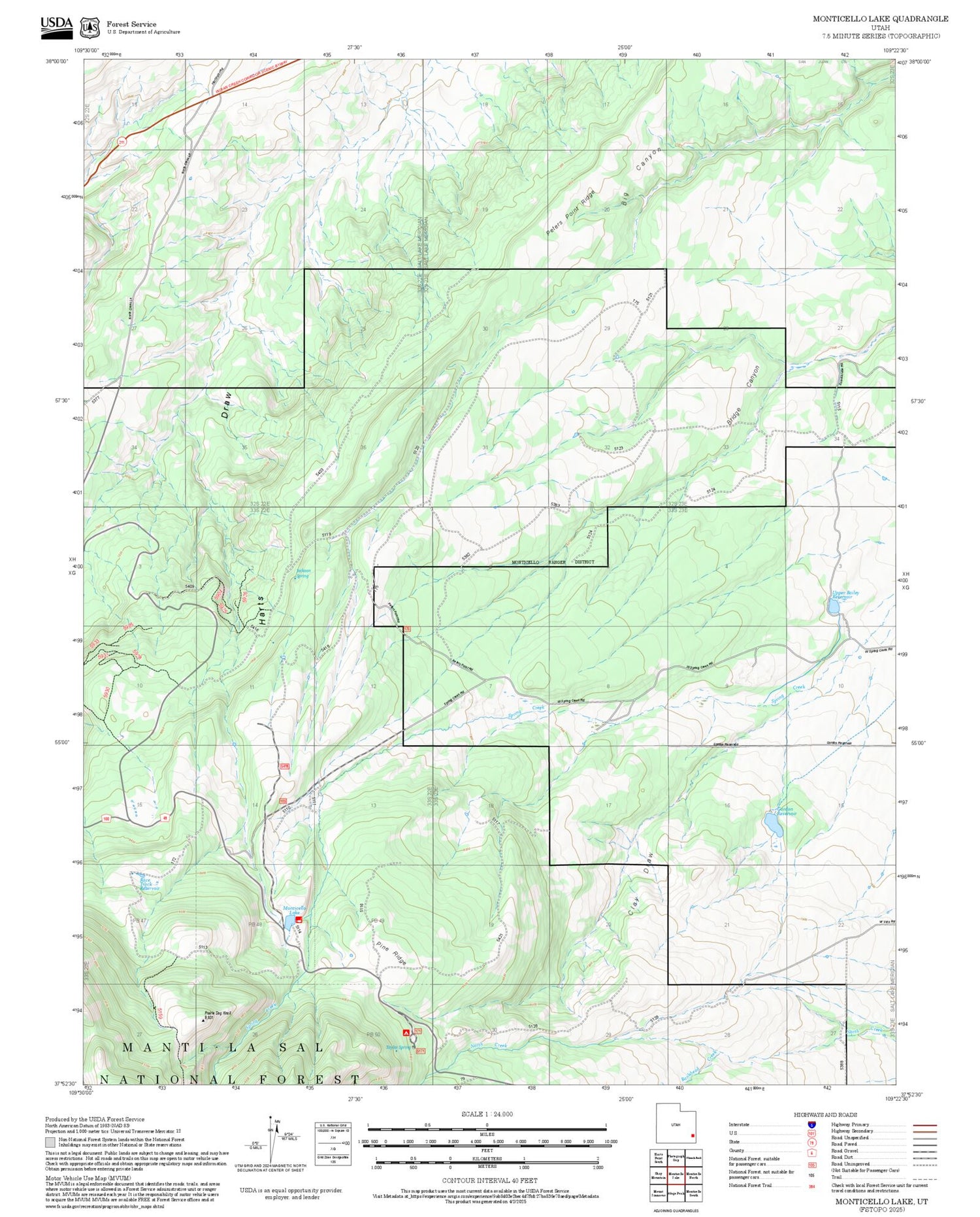 2025 Forest Service Topo Map of Monticello Lake Utah