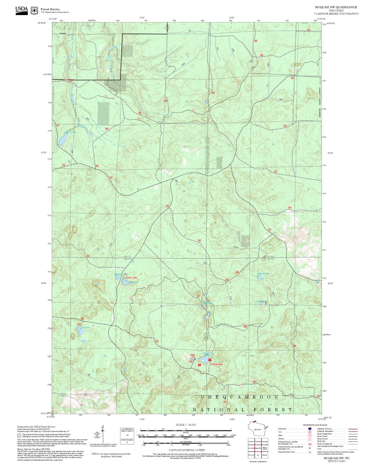 2025 Forest Service Topo Map of Moquah NW Wisconsin