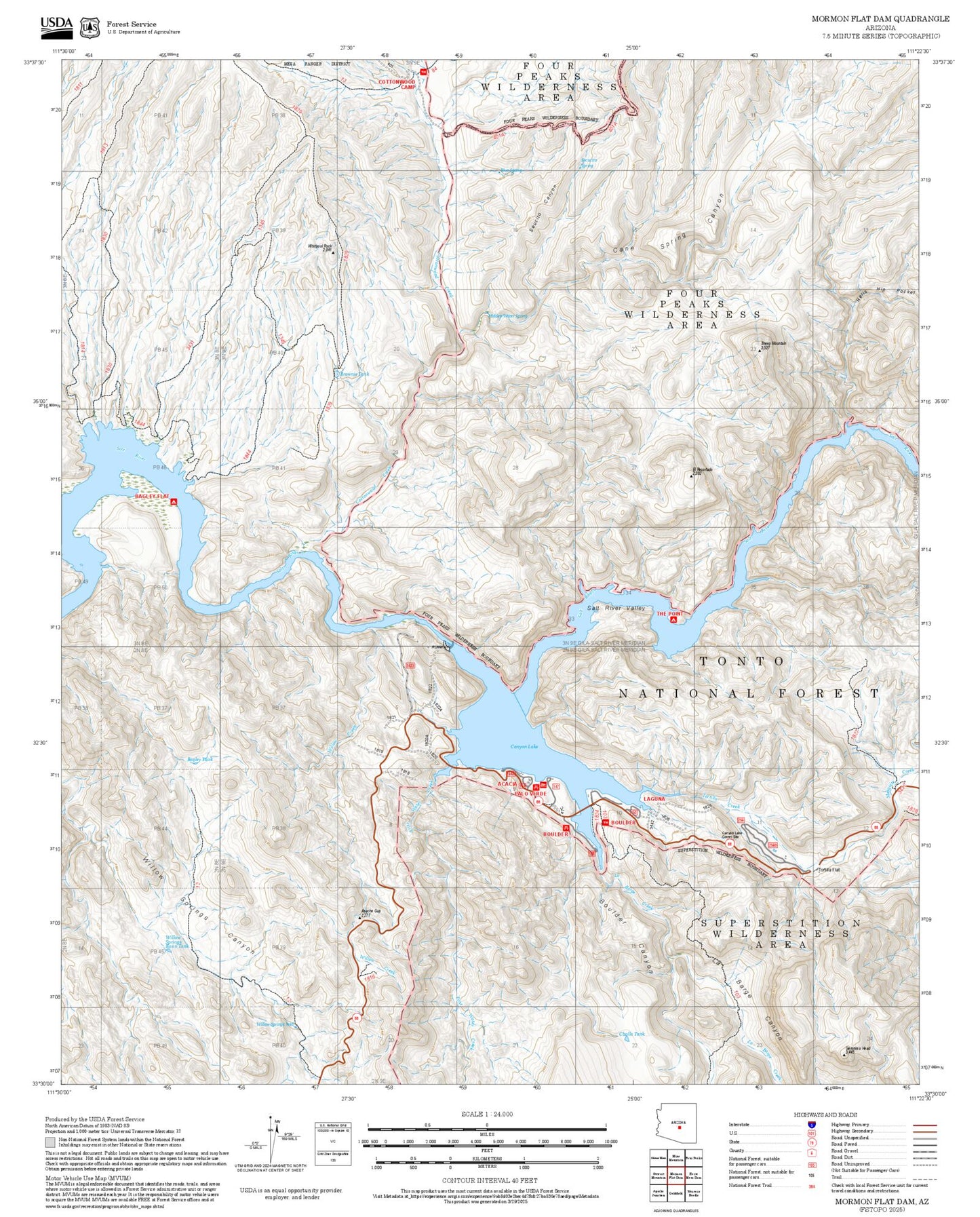 2025 Forest Service Topo Map of Mormon Flat Dam Arizona
