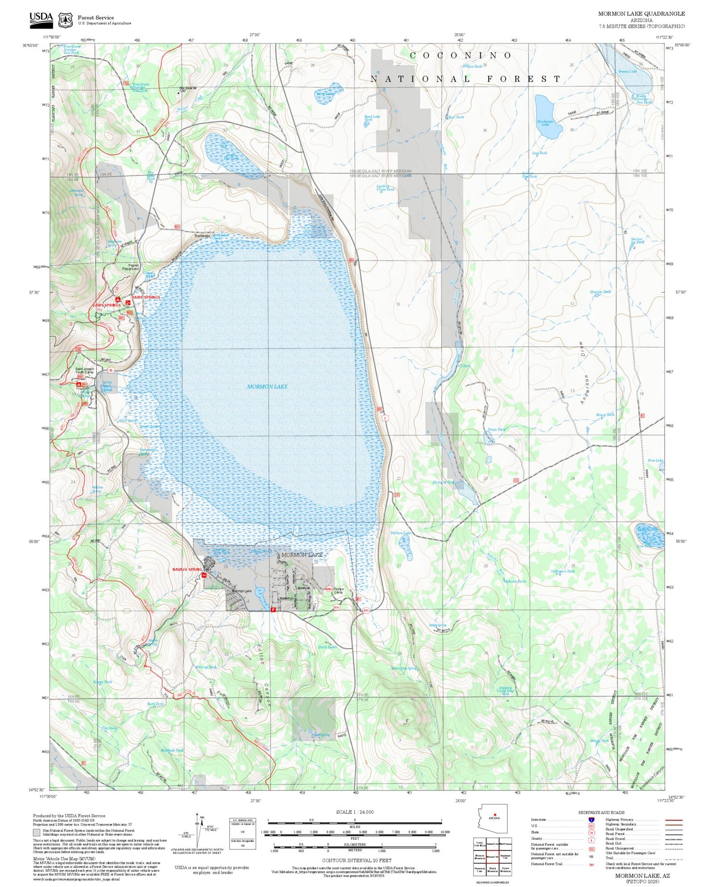 2025 Forest Service Topo Map of Mormon Lake Arizona