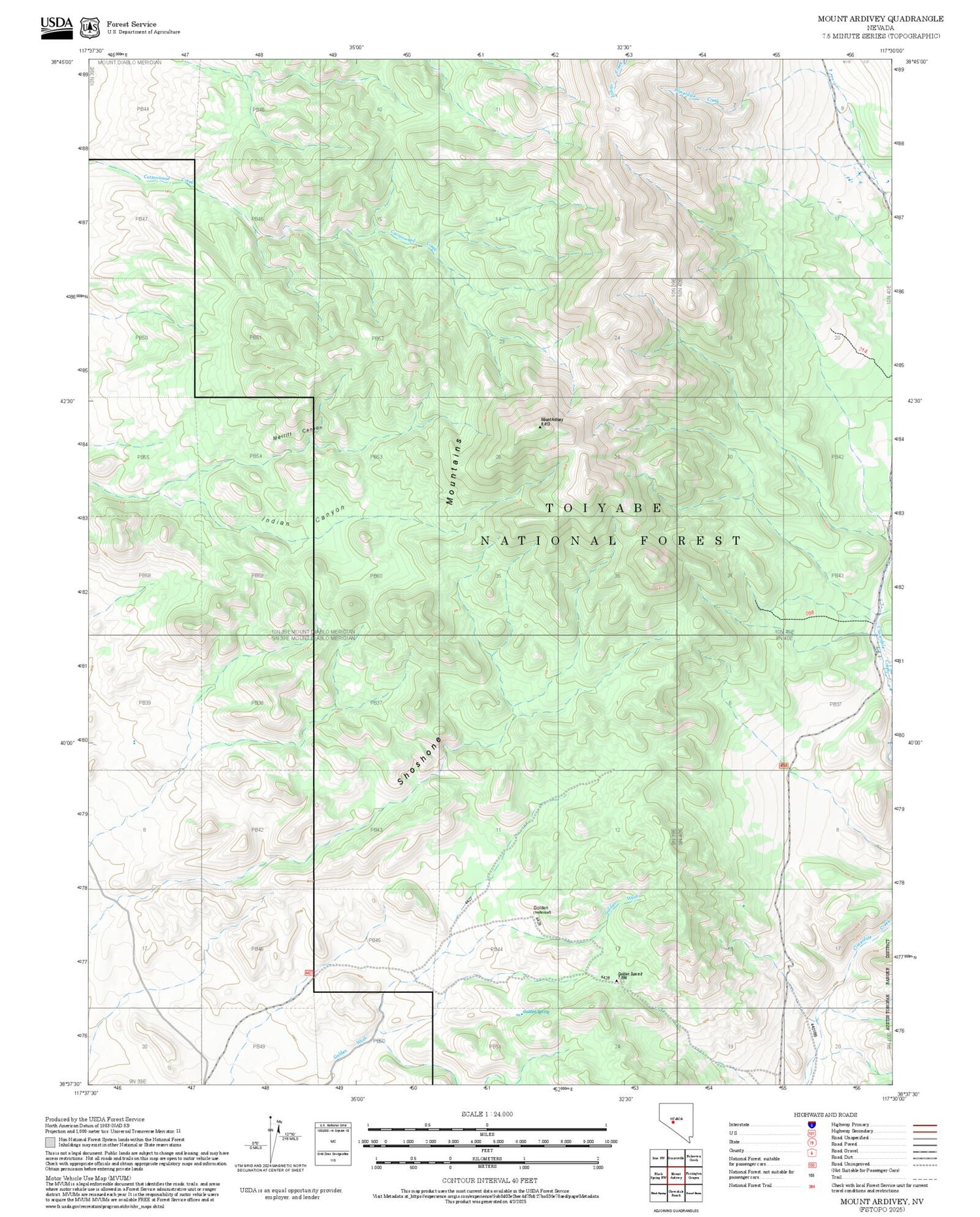 2025 Forest Service Topo Map of Mount Ardivey Nevada