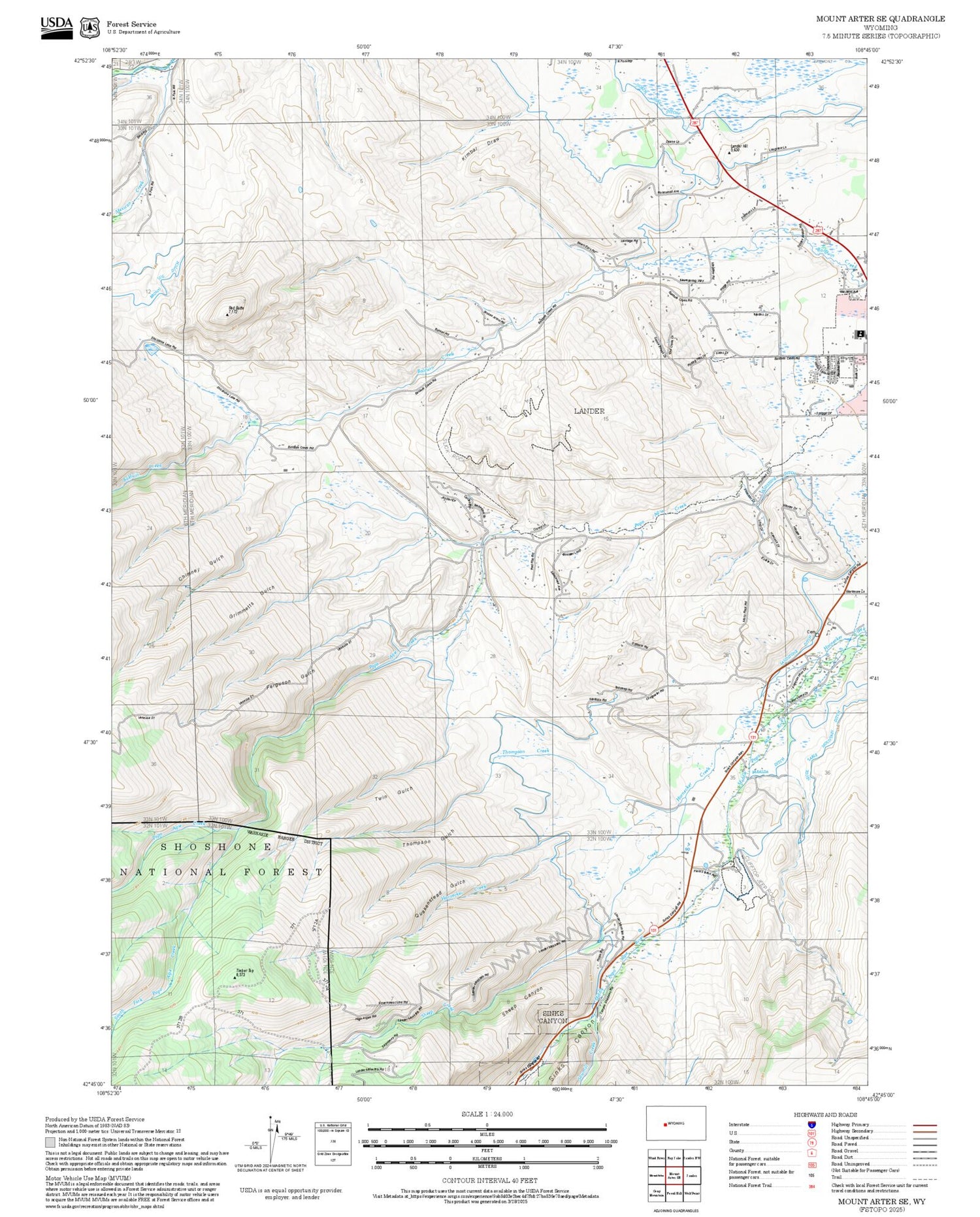 2025 Forest Service Topo Map of Mount Arter SE Wyoming