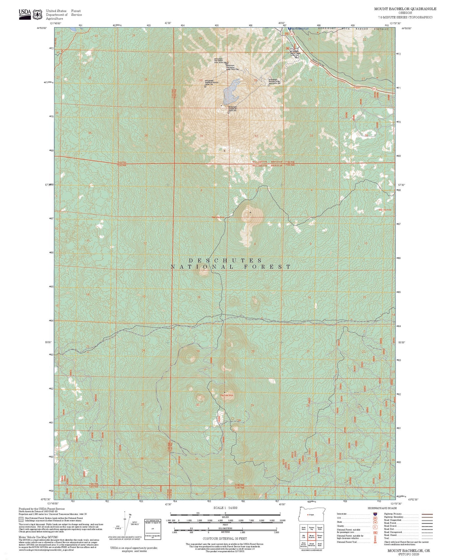 2025 Forest Service Topo Map of Mount Bachelor Oregon