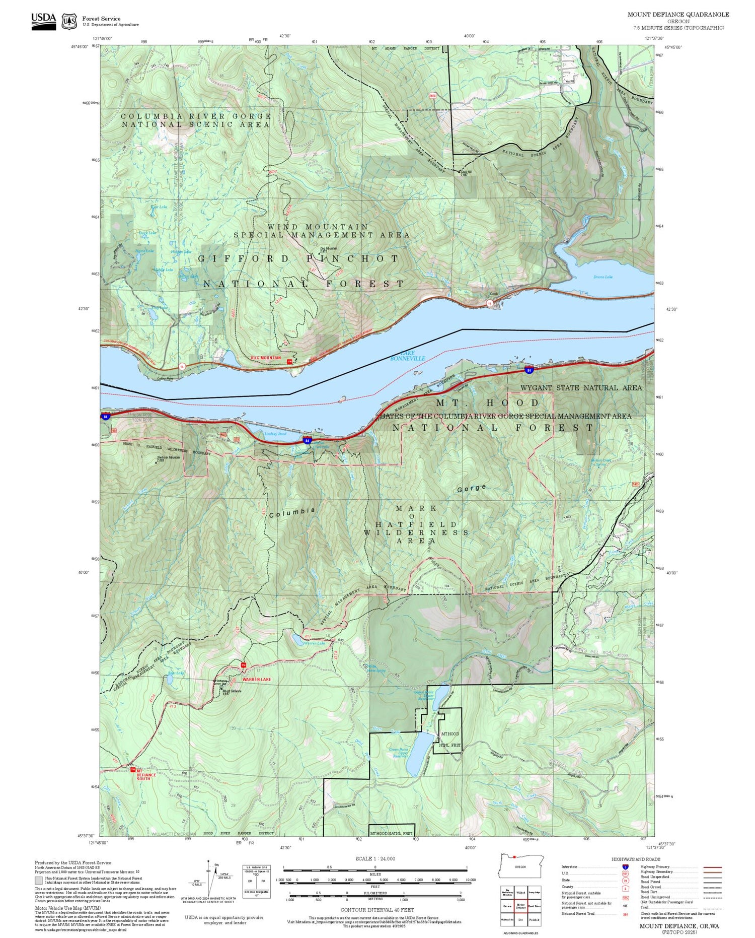 2025 Forest Service Topo Map of Mount Defiance Oregon