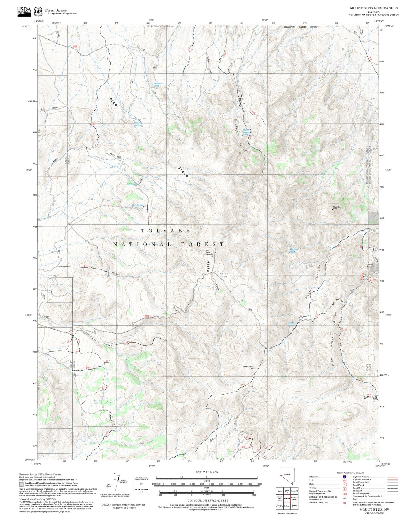 2025 Forest Service Topo Map of Mount Etna Nevada