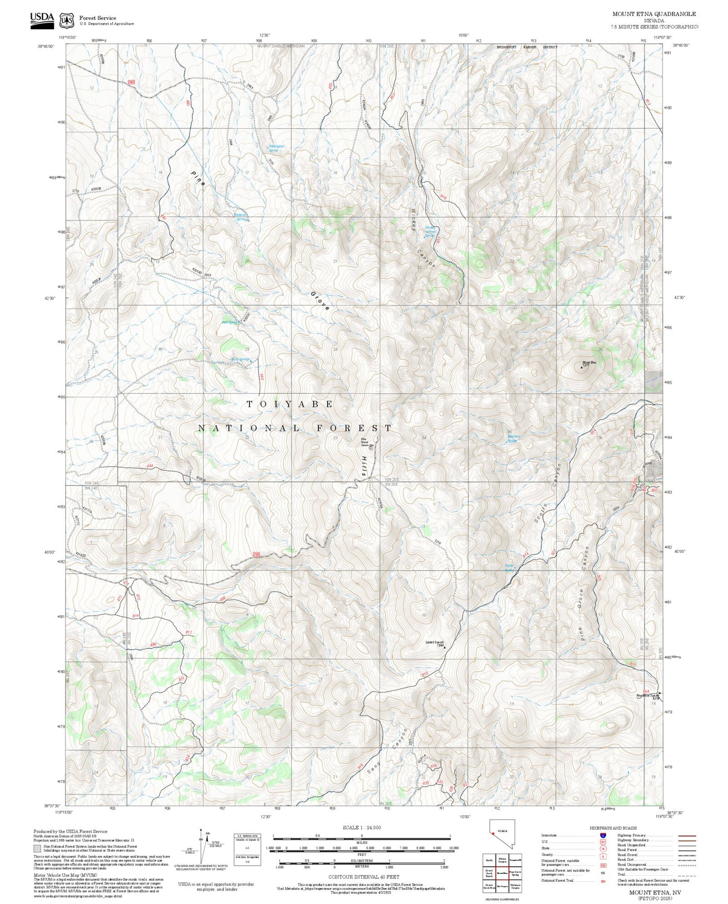 2025 Forest Service Topo Map of Mount Etna Nevada