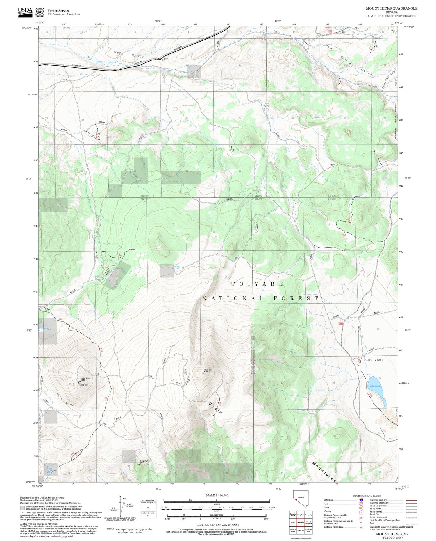 2025 Forest Service Topo Map of Mount Hicks Nevada