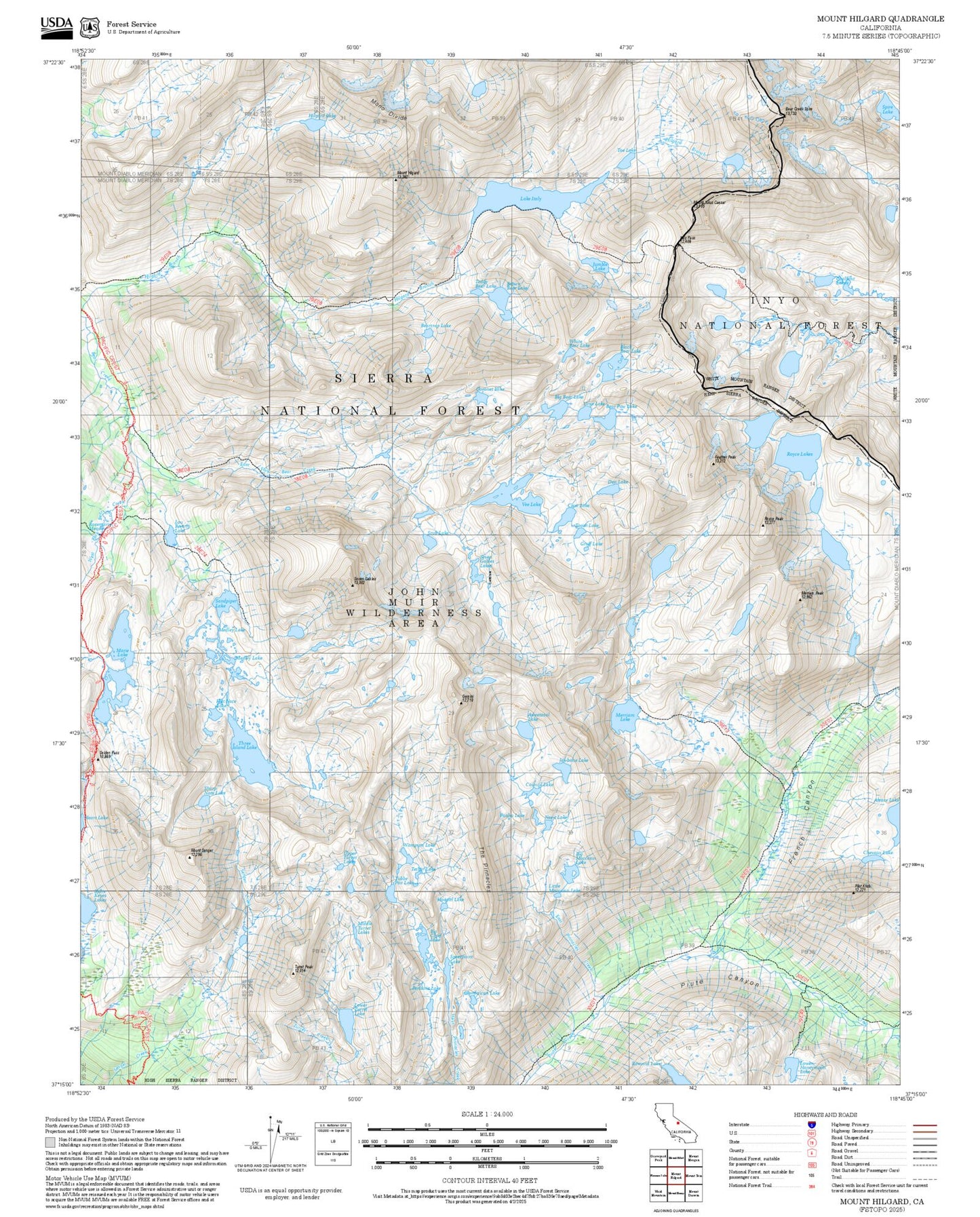 2025 Forest Service Topo Map of Mount Hilgard California