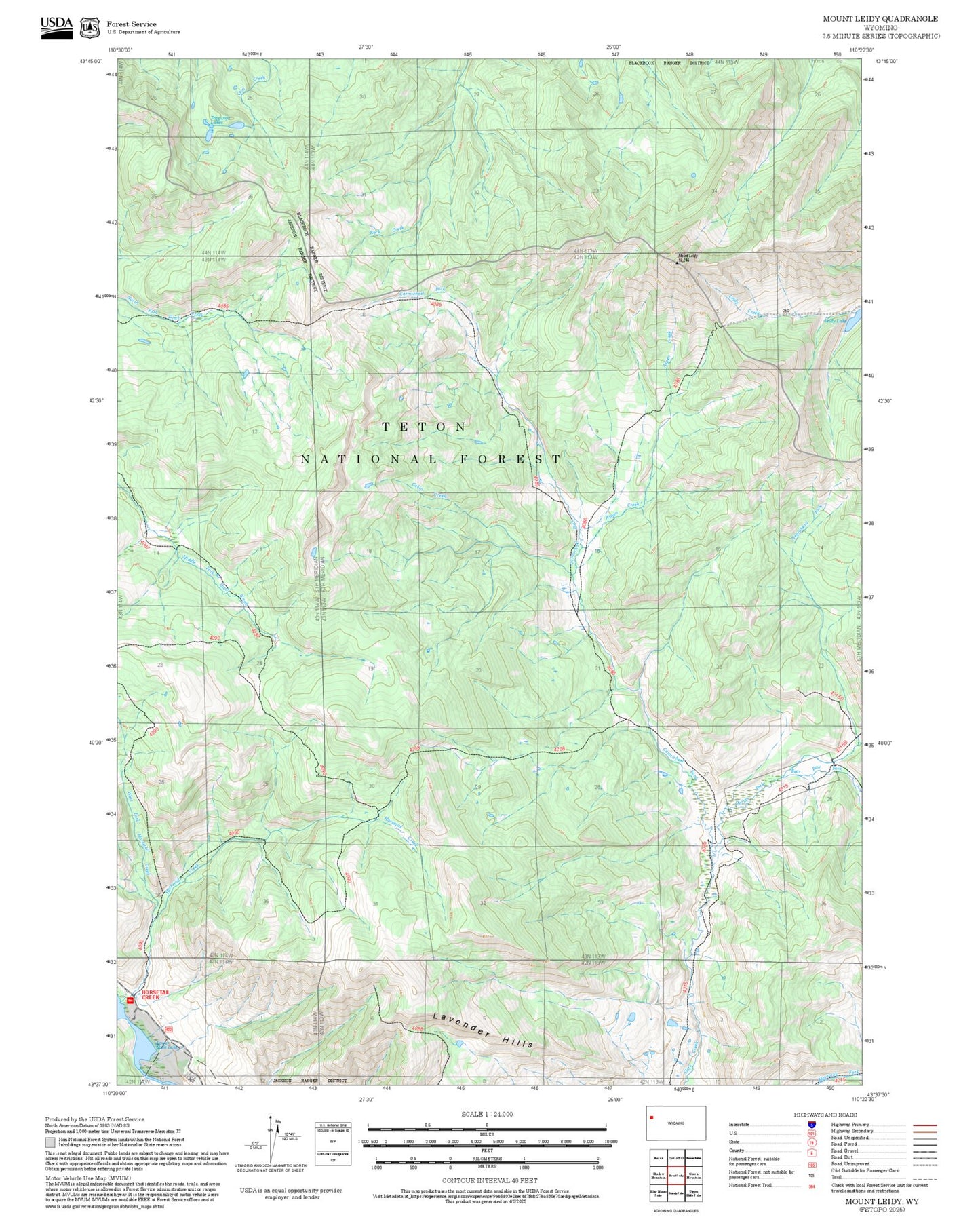 2025 Forest Service Topo Map of Mount Leidy Wyoming